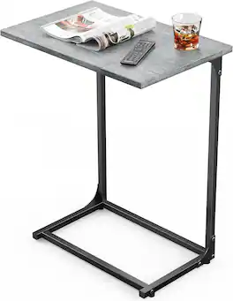 Pipishell - C-Shaped End Table, Grey Rustic Style | Two-Piece Desktop & Metal Frame, Large Top for Sofa, Bedroom and Living Room - Gray
