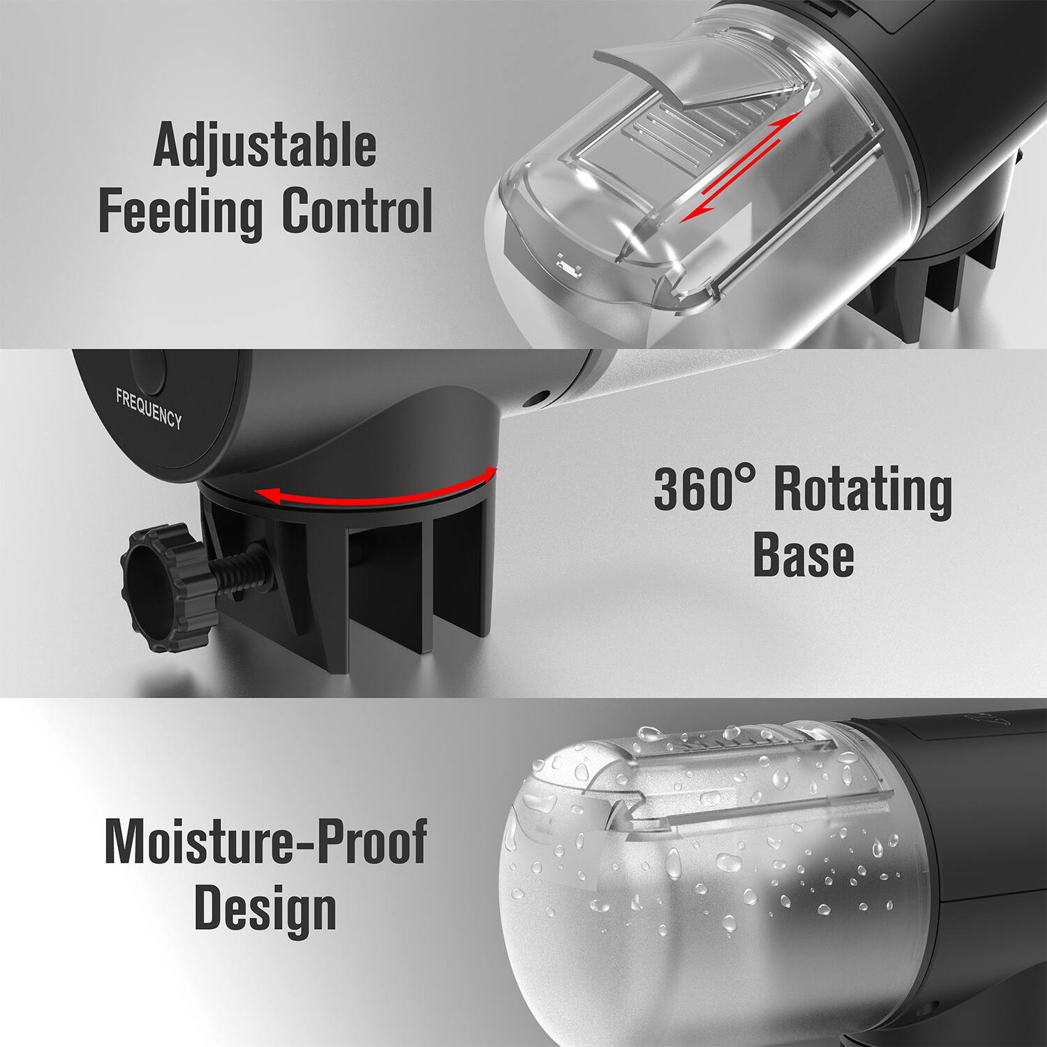 Adjustable Feeding Control  
360° Rotating Base  
Moisture-Proof Design