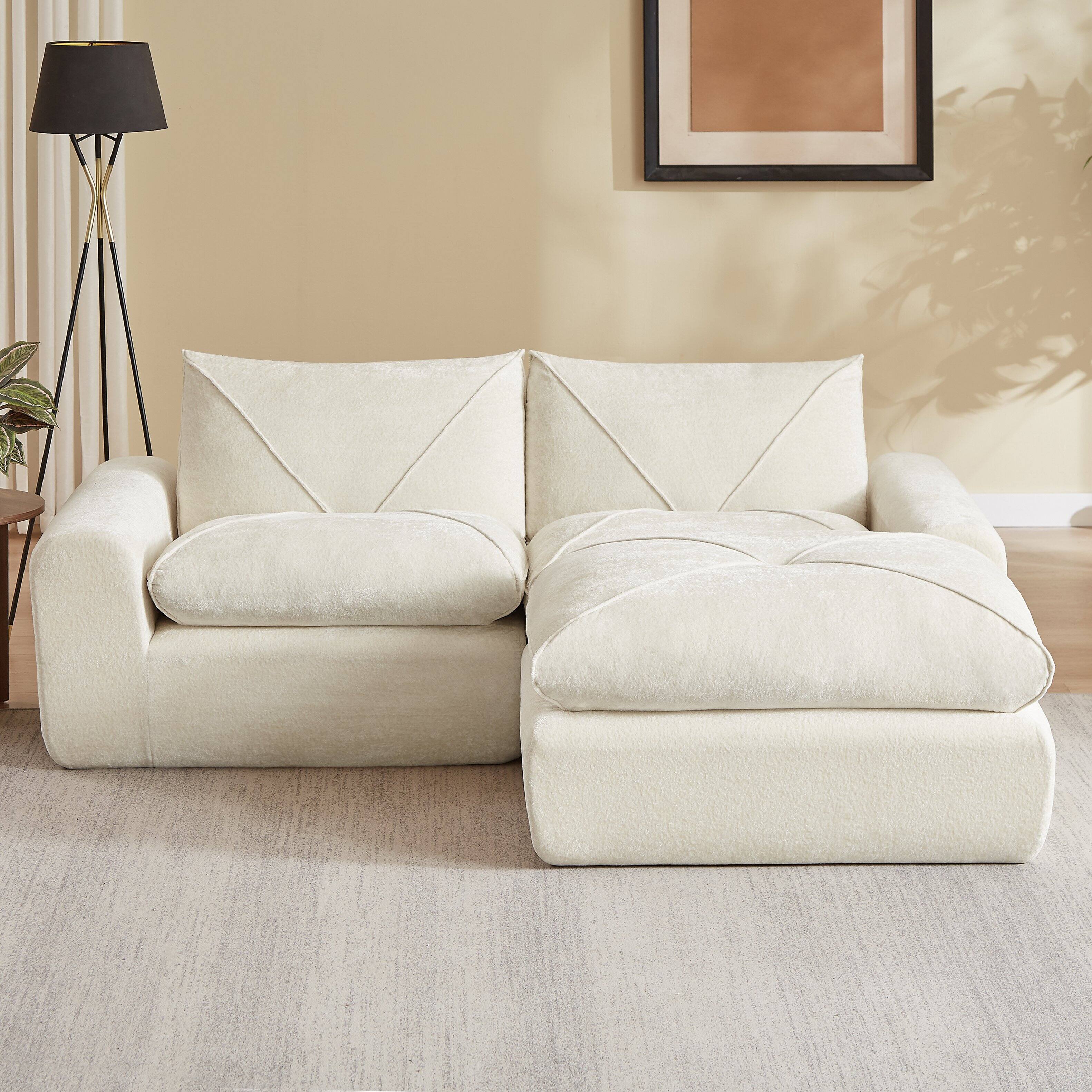 Back. Loheer - Loheer Modern Chenille Sectional Sofa with Ottoman Minimalist L Shaped Couch for Living Room Apartment 86 Inch - Beige.
