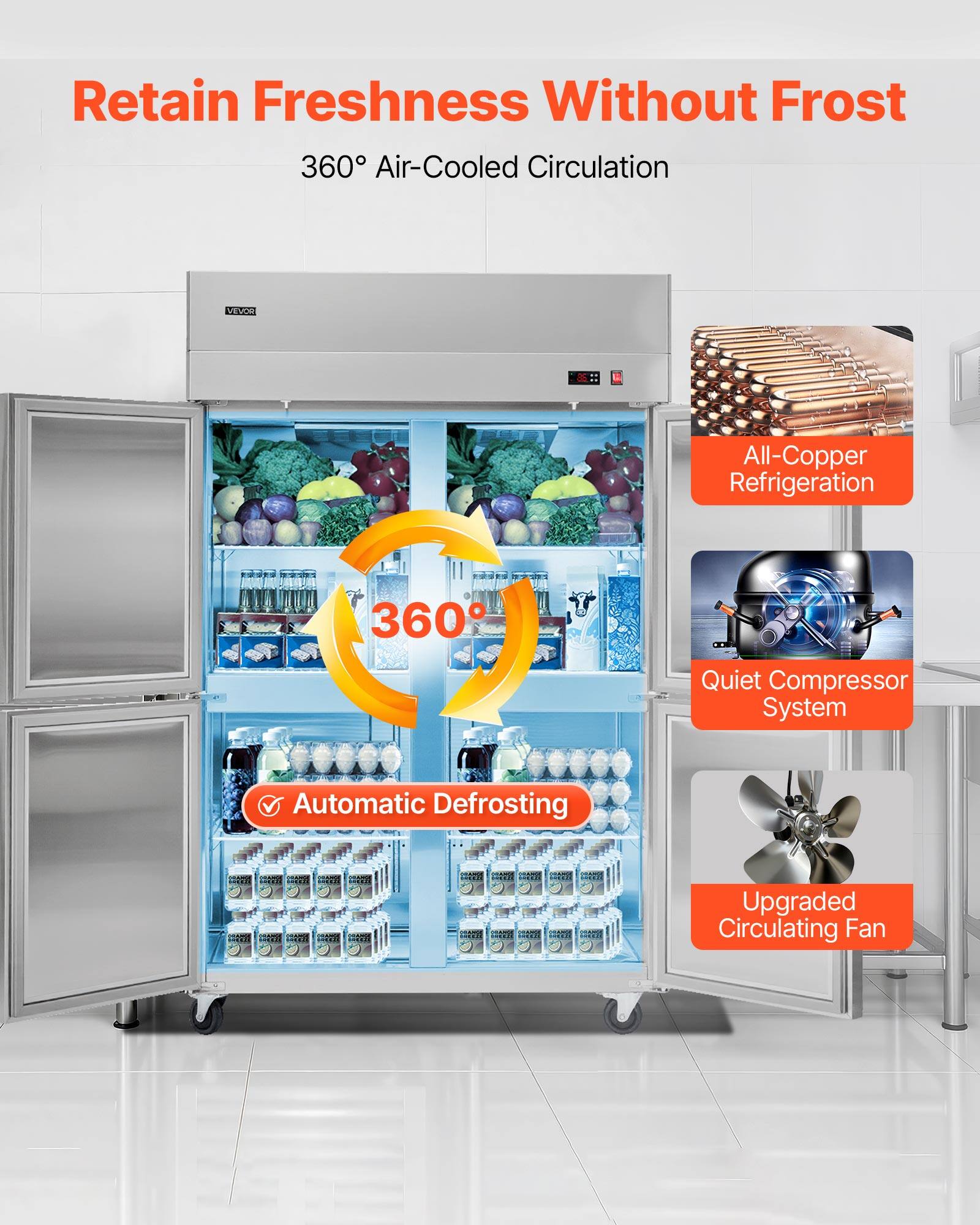 Retain Freshness Without Frost  
360° Air-Cooled Circulation  
All-Copper Refrigeration  
Quiet Compressor System  
Automatic Defrosting  
Upgraded Circulating Fan