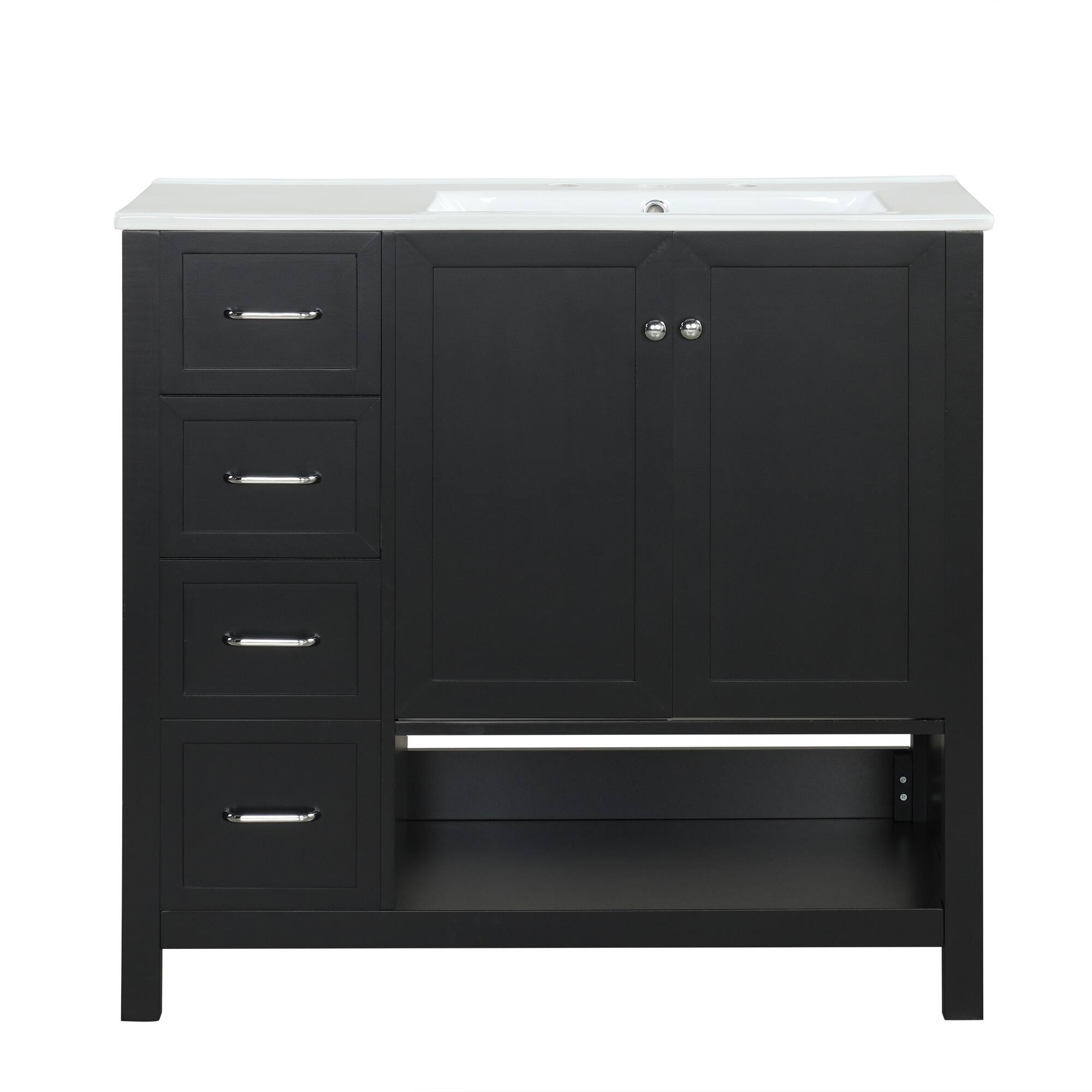 Back. Whisen - 36 Inch Bathroom Vanity with Right Side Ceramic Sink Combo and Single Open Shelf Storage Cabinet - Black.