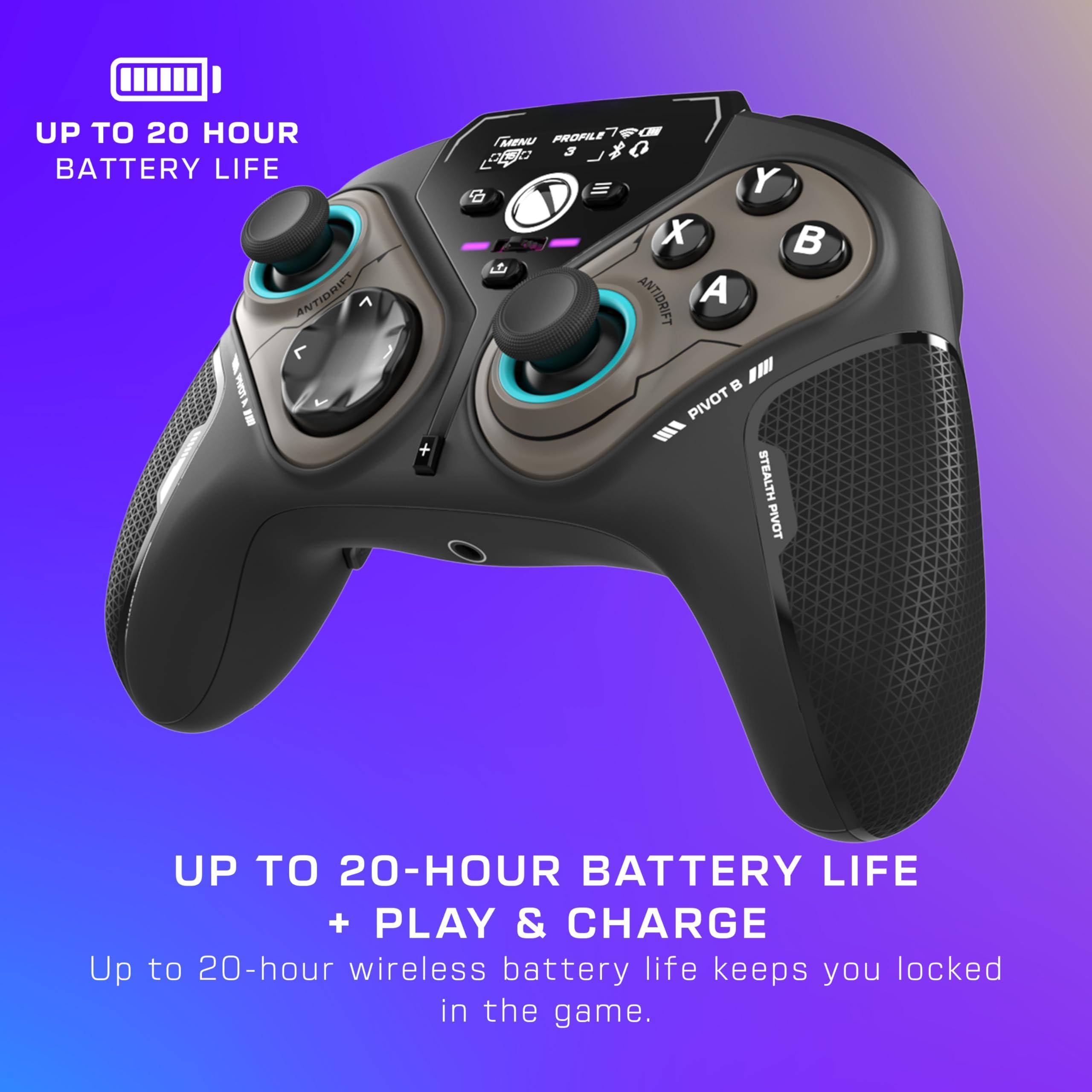 UP TO 20 HOUR BATTERY LIFE

UP TO 20-HOUR BATTERY LIFE + PLAY & CHARGE

Up to 20-hour wireless battery life keeps you locked in the game.