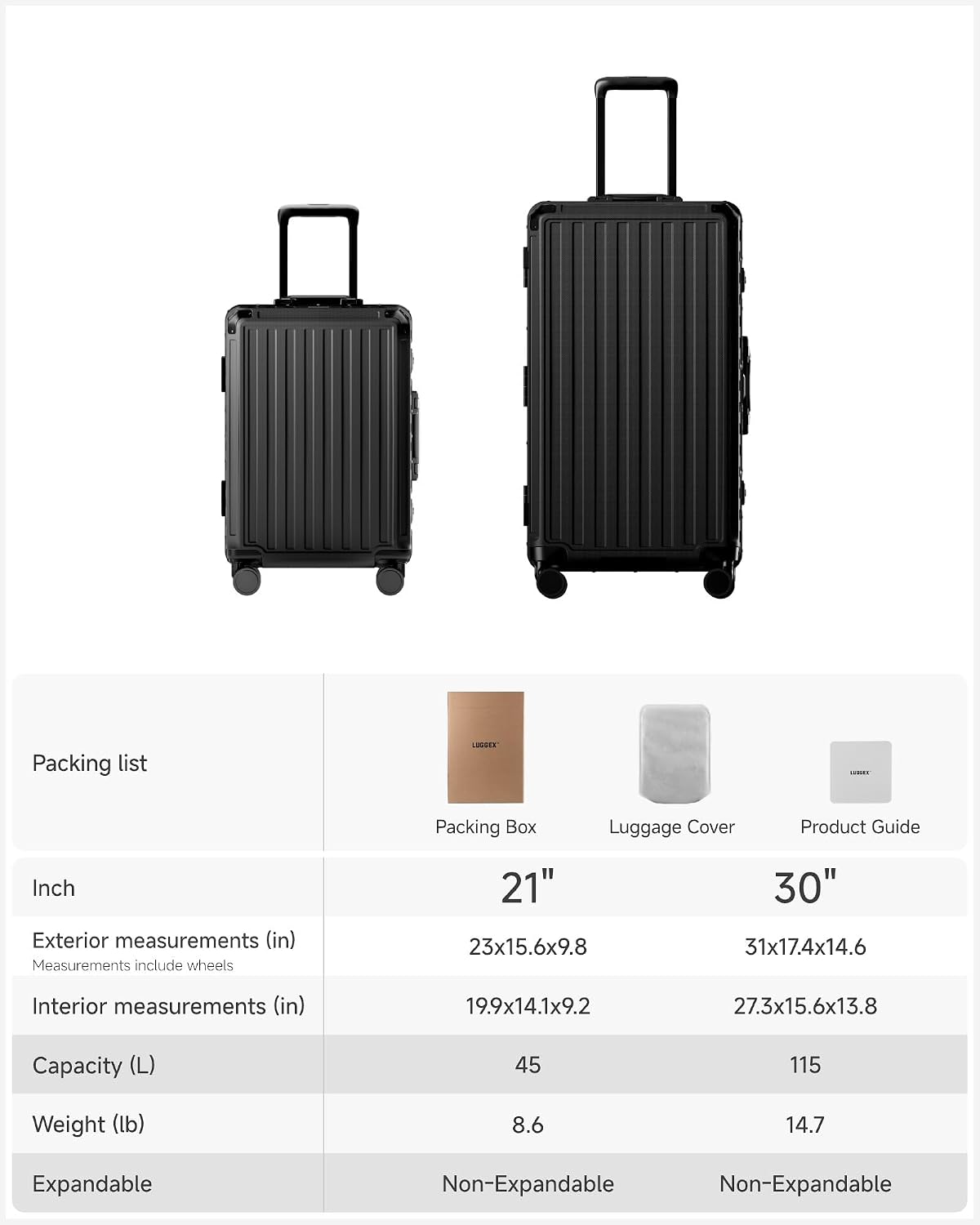 Packing list

Packing Box Luggage Cover Product Guide

Inch

21" 30"

Exterior measurements (in) Measurements include wheels
23x15.6x9.8 31x17.4x14.6

Interior measurements (in)
19.9x14.1x9.2 27.3x15.6x13.8

Capacity (L)
45 115

Weight (lb)
8.6 14.7

Expandable
Non-Expandable Non-Expandable
