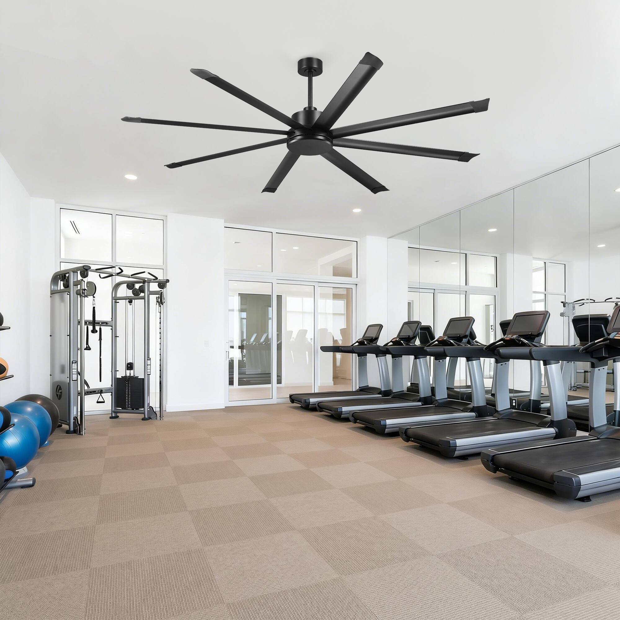 Angle. Vaczon - 84" Industrial 8-Blade Aluminum 6-Speed HVLS Commercial Ceiling Fan with DC Motor and Remote Control, No Light - Matte Black.