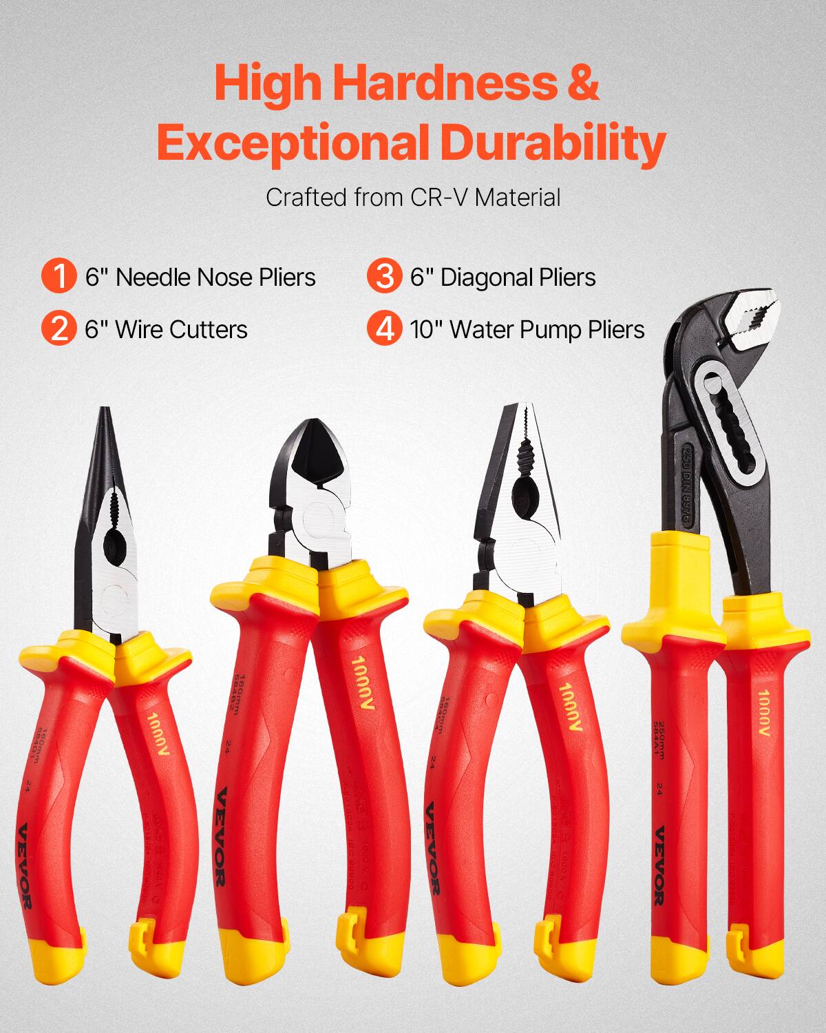 High Hardness & Exceptional Durability  
Crafted from CR-V Material  

1. 6" Needle Nose Pliers  
2. 6" Wire Cutters  
3. 6" Diagonal Pliers  
4. 10" Water Pump Pliers  

VEVOR  
1000V  
250mm  
24