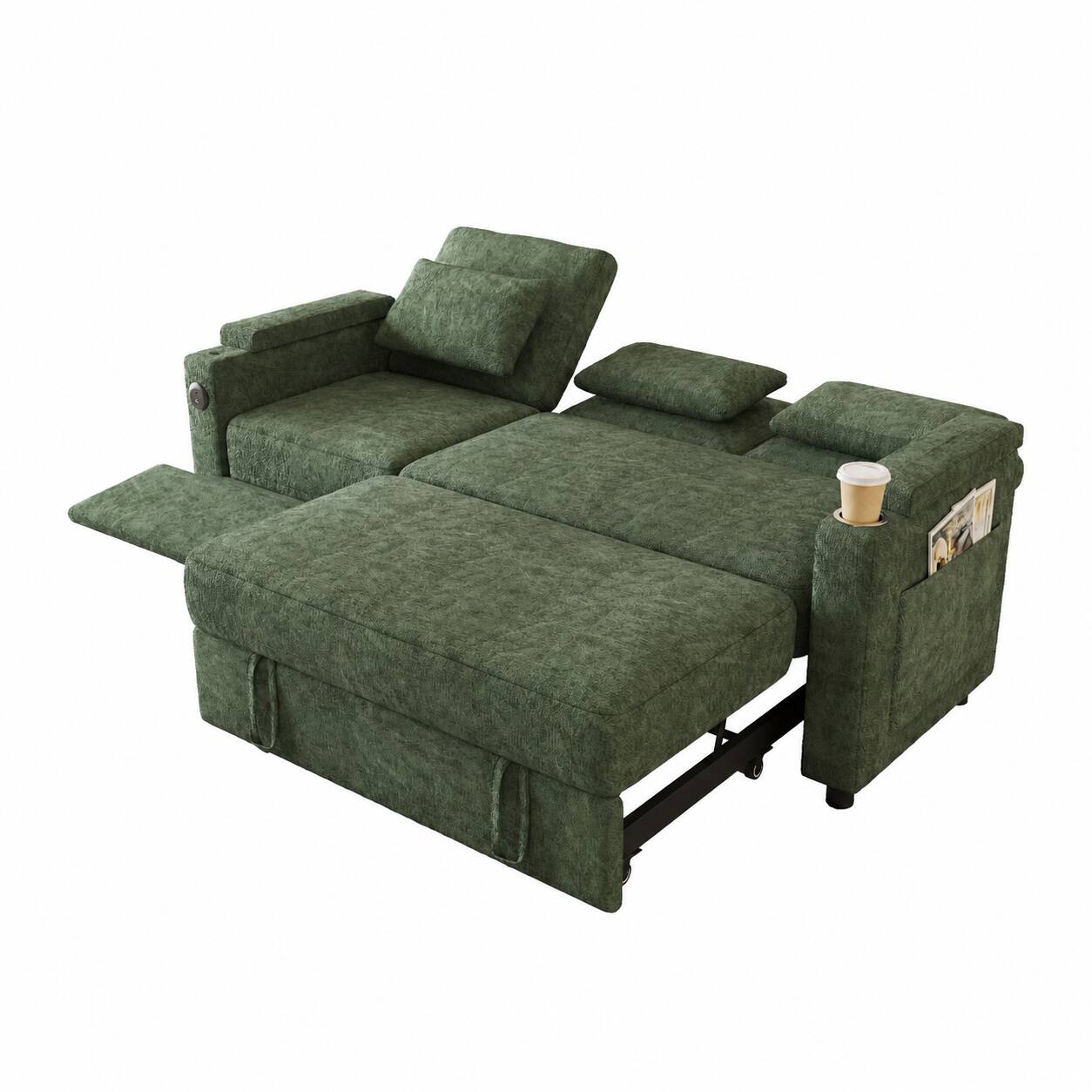 Back. Anysun - 81" 3-in-1 Foldable 3-Seater Sofa Bed, Table Board, USB Ports, Storage Armrests, Adjustable Backrest, Chenille - Green.