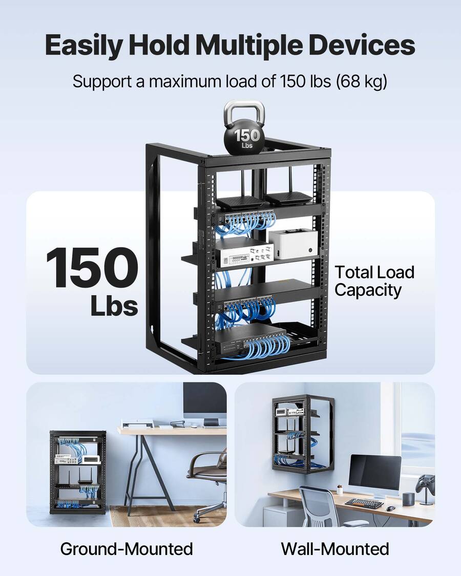 Spt Racks VEVOR 15U Wall Mount Server Rack, 150 lbs Max Load Capacity, Open Frame ...