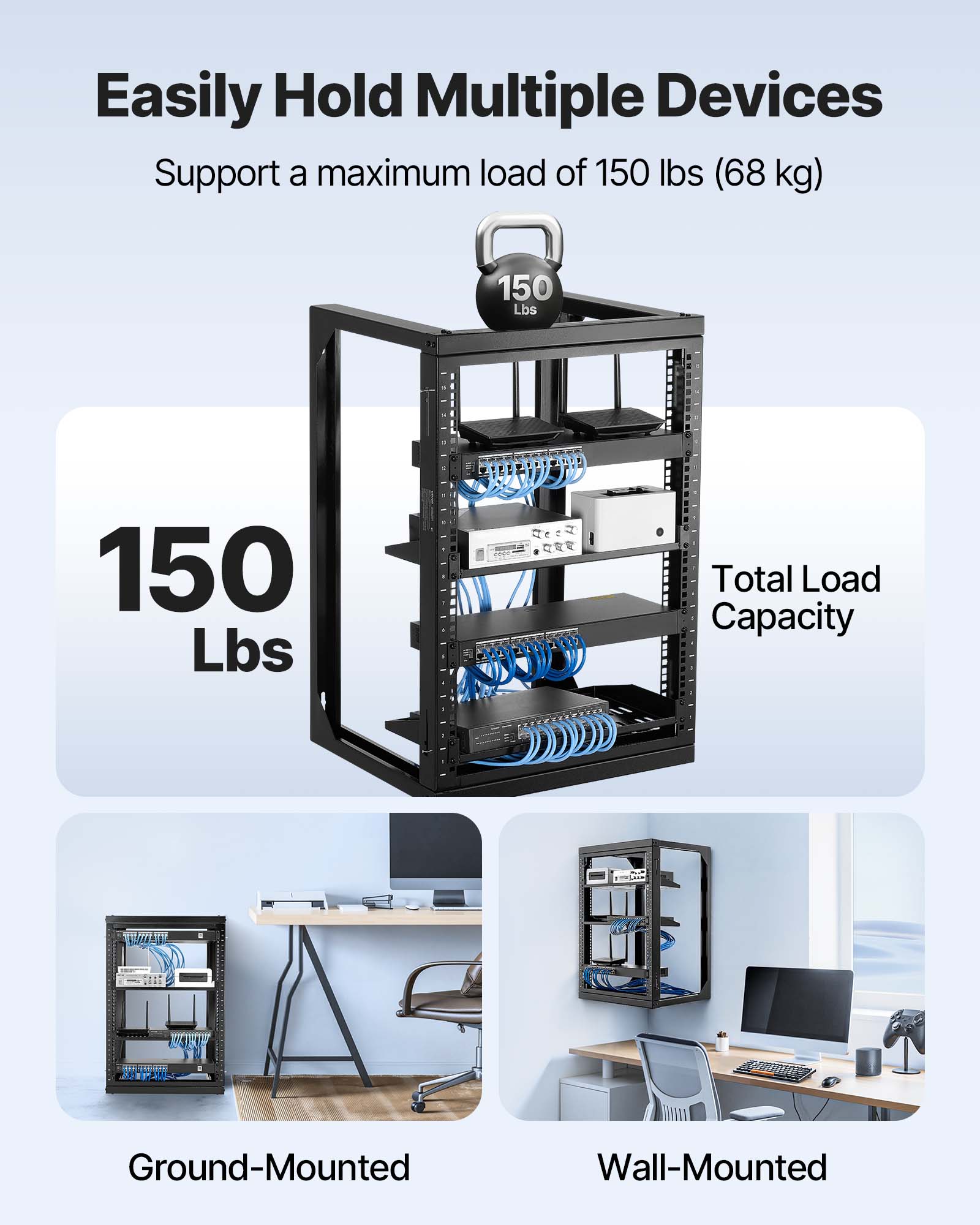 Easily Hold Multiple Devices  
Support a maximum load of 150 lbs (68 kg)  

150 Lbs  

Total Load Capacity  

Ground-Mounted  
Wall-Mounted
