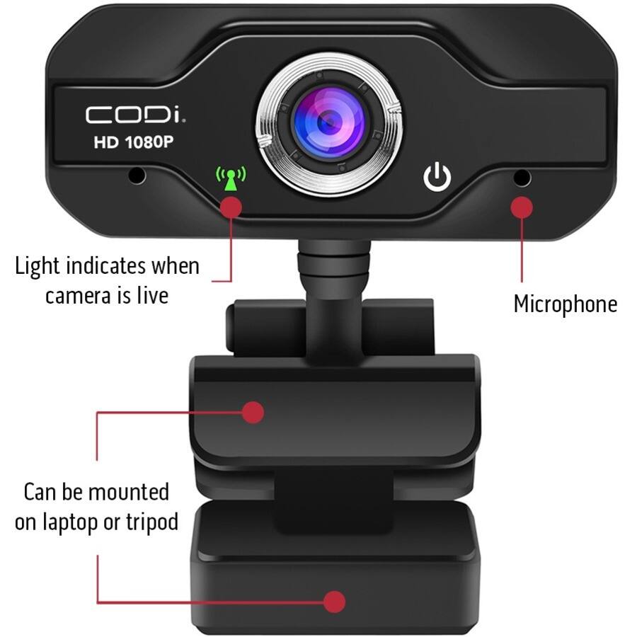 CODi HD 1080P

- Light indicates when camera is live
- Microphone
- Can be mounted on laptop or tripod