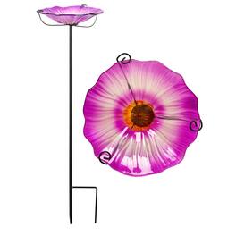 G128 - 29 Inch Glass Bird Bath with Metal Stake, Decorative Flower Design Outdoor Feeder - Pink