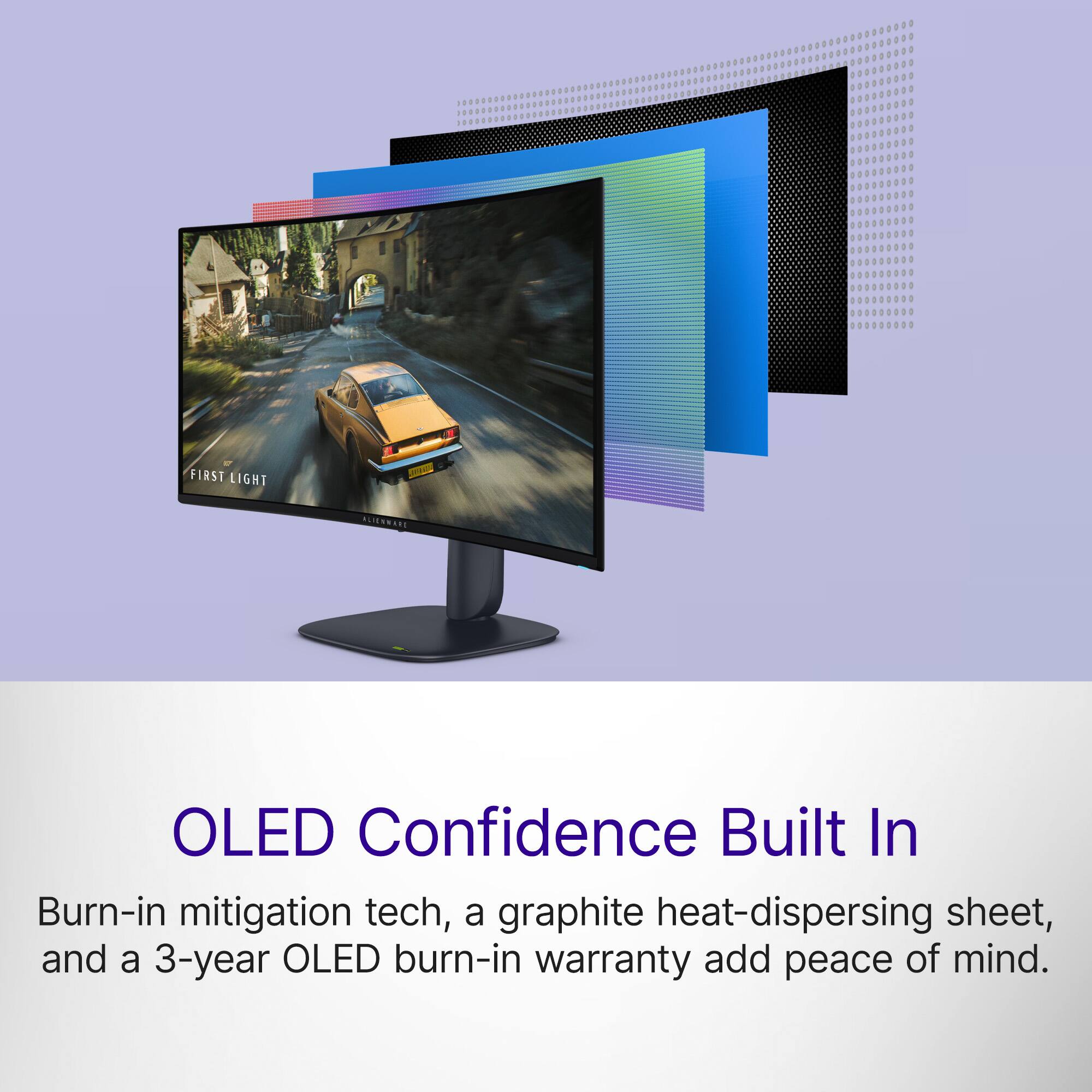 FIRST LIGHT  
ALIENWARE  
OLED Confidence Built In  
Burn-in mitigation tech, a graphite heat-dispersing sheet, and a 3-year OLED burn-in warranty add peace of mind.