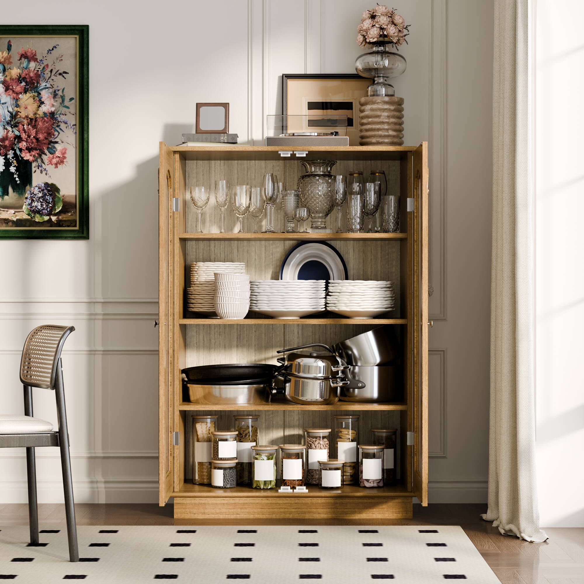 Alt View 8. Famapy - Famapy French Country Glass Display Cabinet: Rustic - Chic Dishware Storage + Showcase - Wooden.