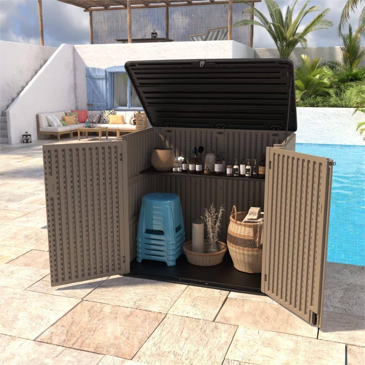 Left. Decksplore - Larger Outdoor Storage Shed Horizontal 48 Cu.ft Outdoor Storage Box Waterproof for Garden, Patios, Backyards - Brown.