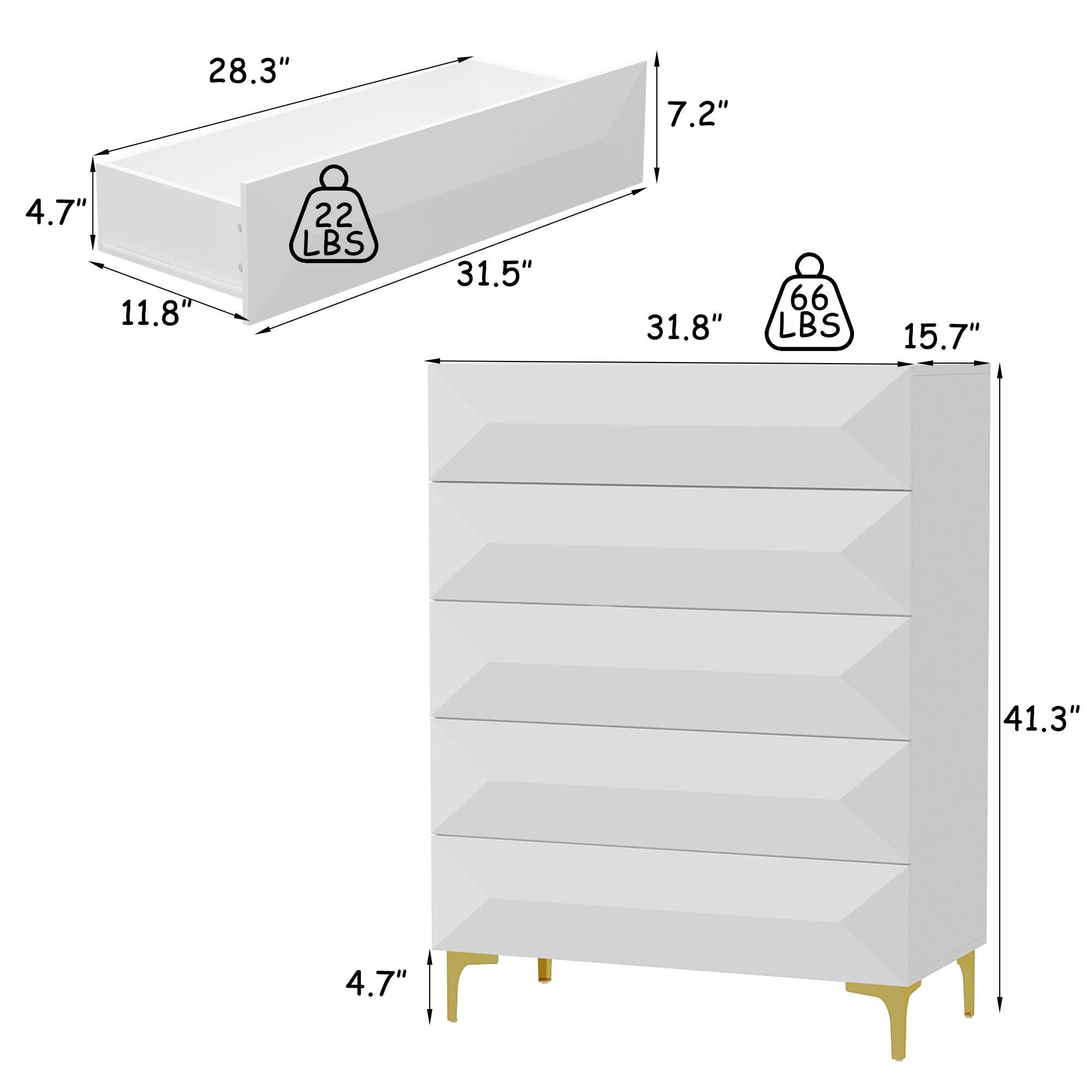 28.3", 7.2", 4.7", 11.8", 22 LBS, 31.5", 31.8", 66 LBS, 15.7", 41.3", 4.7"