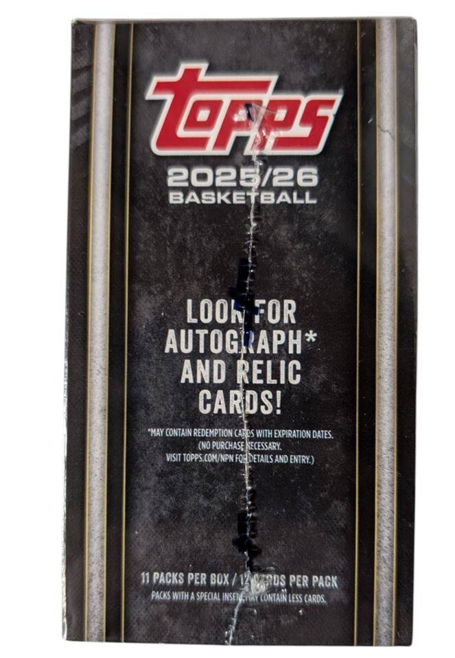 TPPS 2025/26 BASKETBALL

LOOK FOR AUTOGRAPH* AND RELIC CARDS! *MAY CONTAIN REDEMPTION CARDS WITH EXPIRATION DATES. (NO PURCHASE NECESSARY. VISIT TOPPS.COM/NPN FOR DETAILS AND ENTRY.)

11 PACKS PER BOX / PACKS WITH A SPECIAL INSERT MAY CONTAIN LESS CARDS.