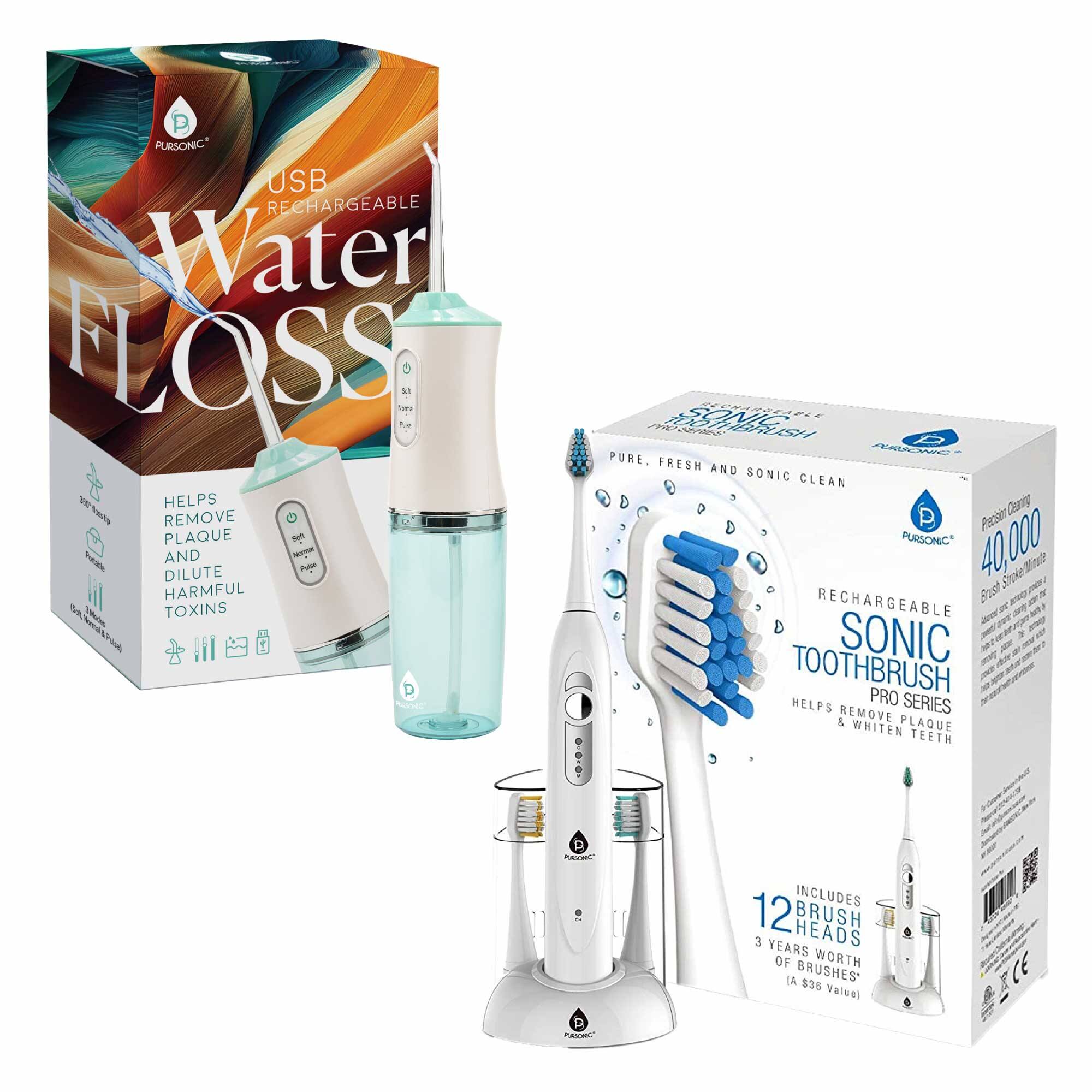Pursonic - Electric Rechargeable Toothbrush & Water Flosser Duo with Multi-Year Supply - White