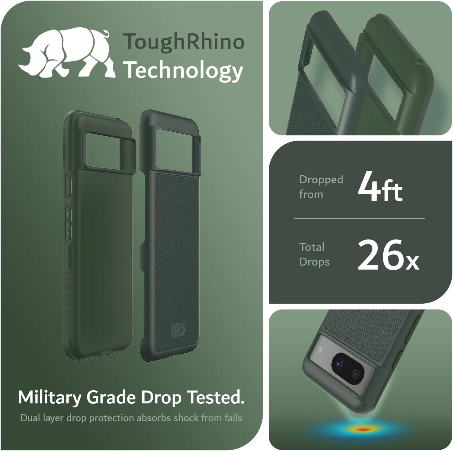 ToughRhino Technology

Military Grade Drop Tested.
Dual layer drop protection absorbs shock from falls

Dropped from 4ft
Total Drops 26x