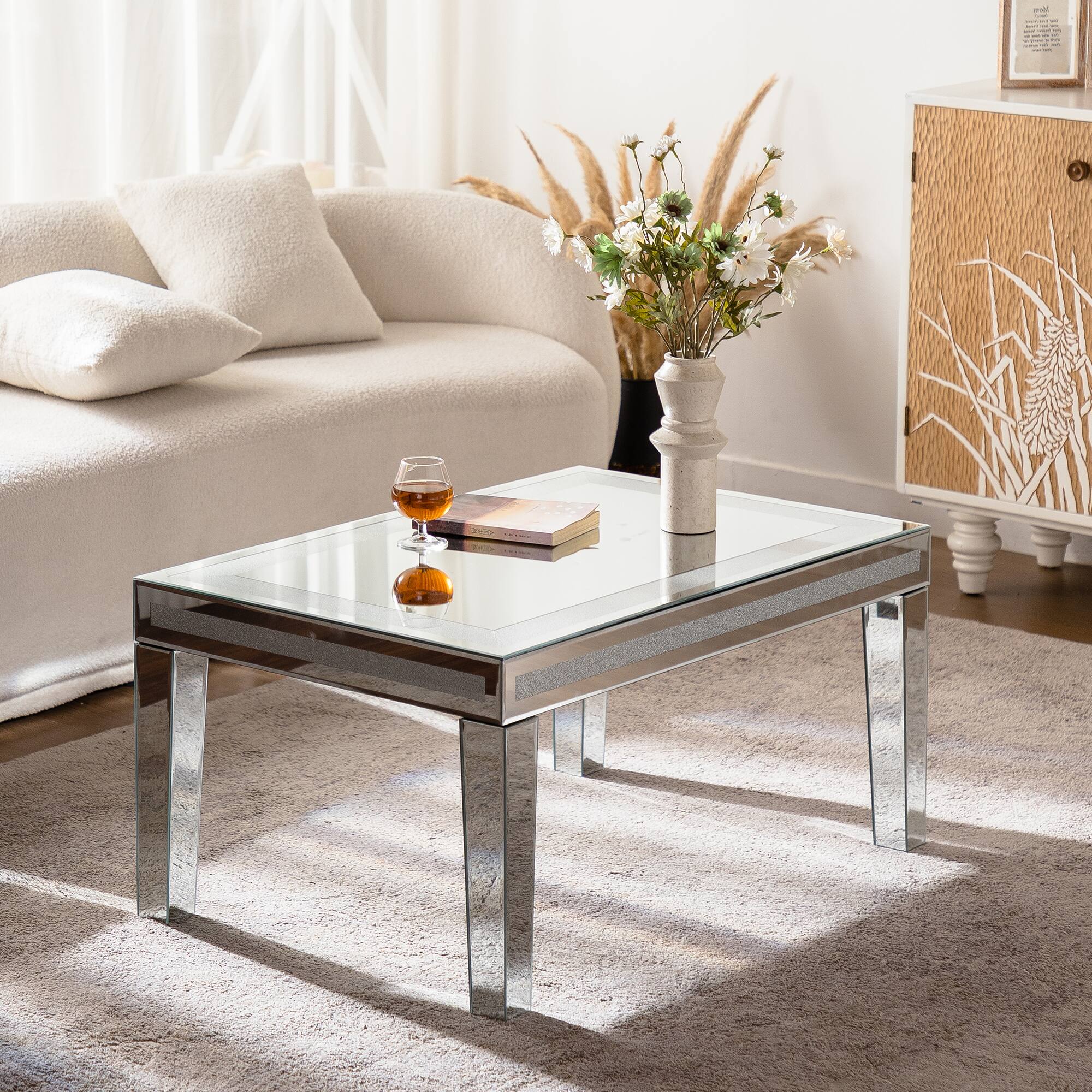 Angle. TinyHomie - Silver Coffee Tables for Living Room with Dazzling Crushed Crystal Border Clear Glass Rectangle Center Table.