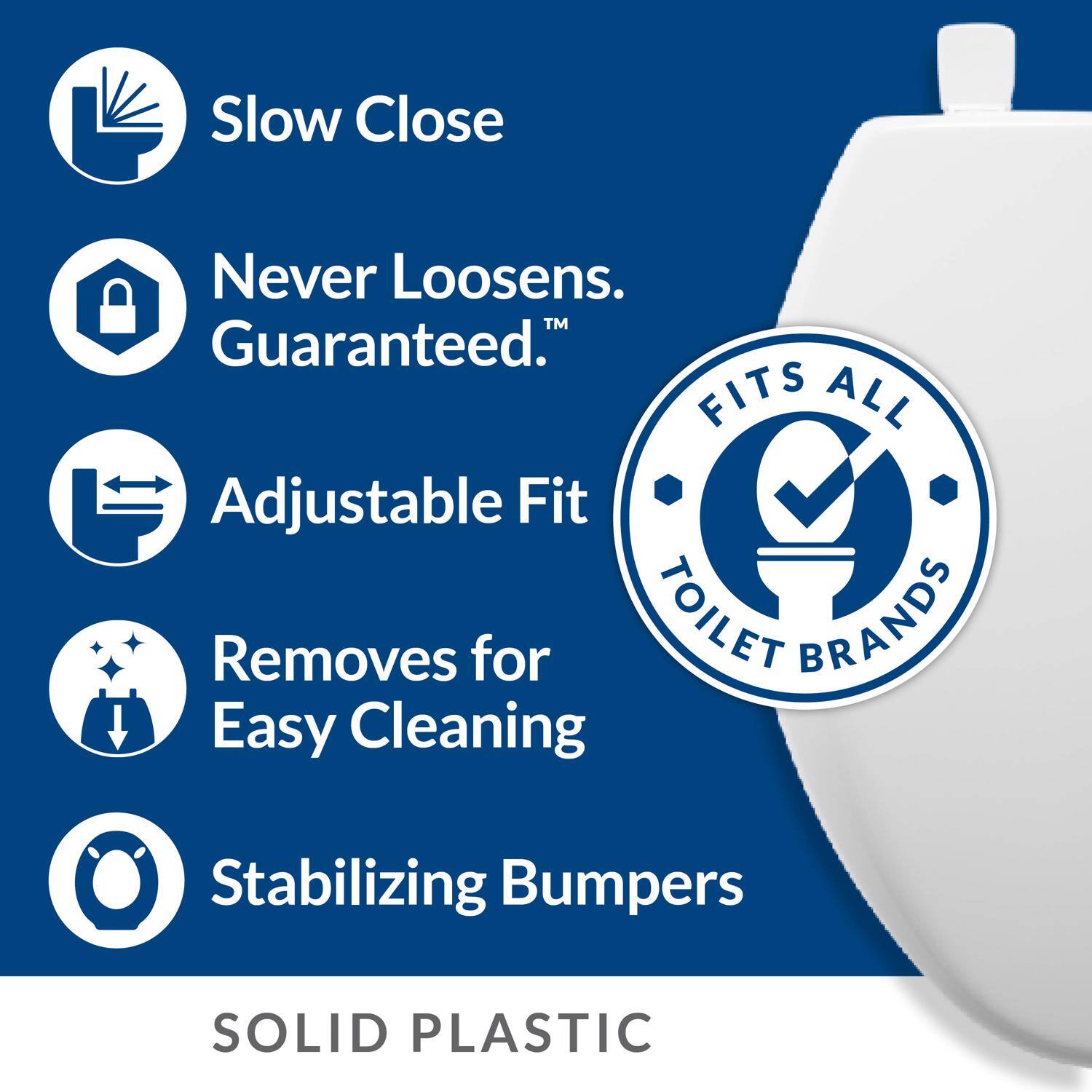 Slow Close  
Never Loosens. Guaranteed.  
Adjustable Fit  
Removes for Easy Cleaning  
Stabilizing Bumpers  
FITS ALL TOILET BRANDS  
SOLID PLASTIC