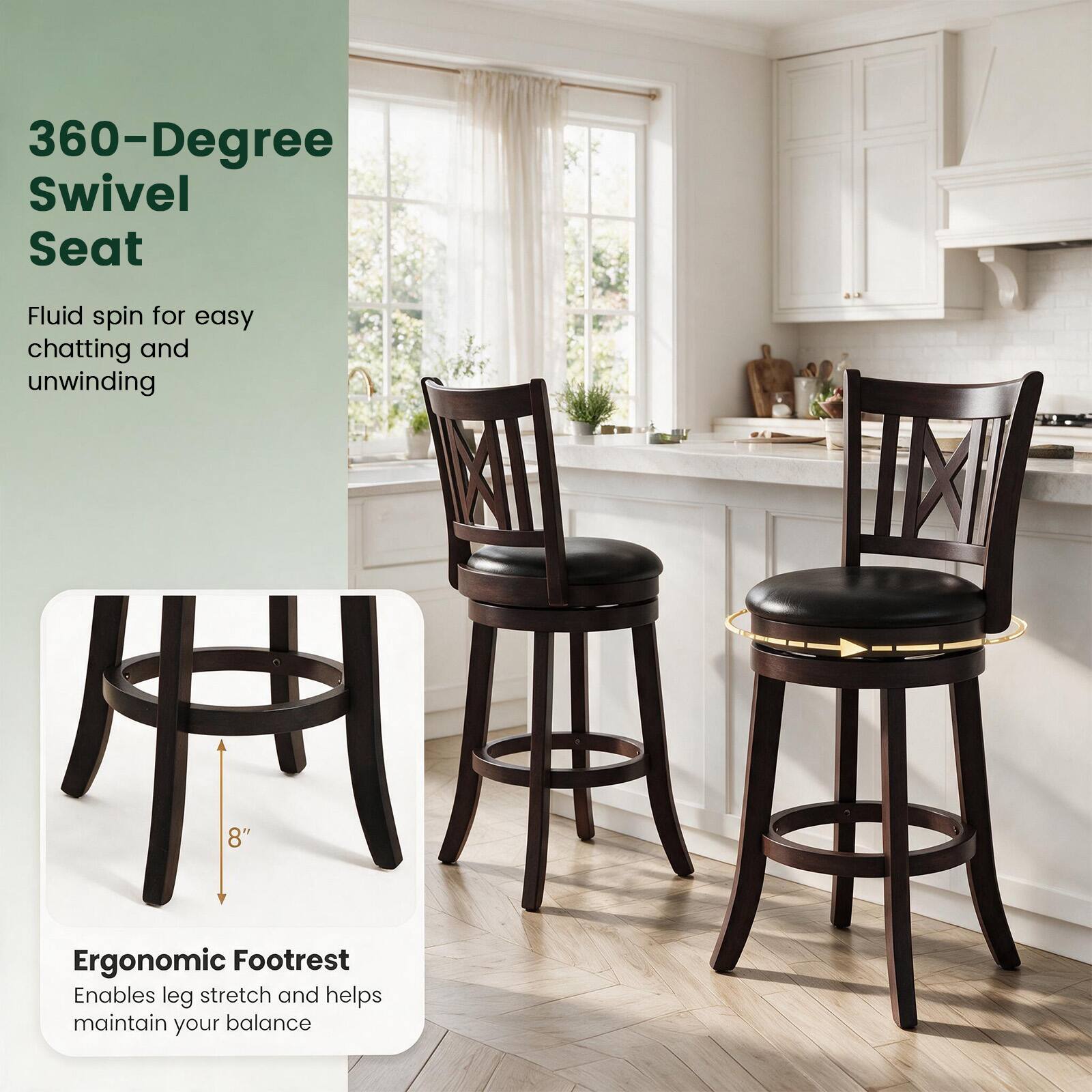 360-Degree Swivel Seat  
Fluid spin for easy chatting and unwinding  

8"  
Ergonomic Footrest  
Enables leg stretch and helps maintain your balance