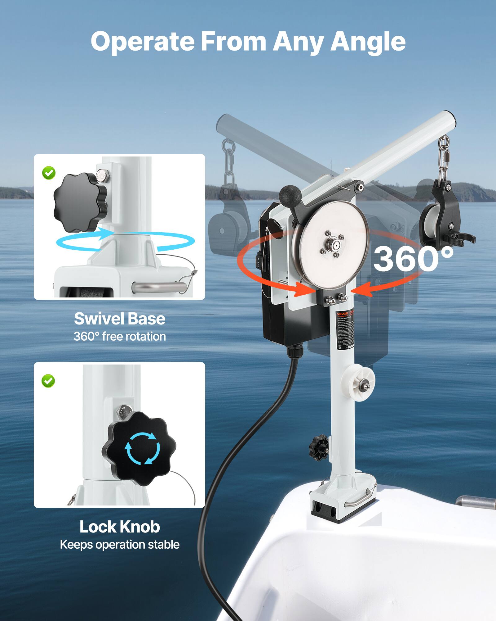 Operate From Any Angle

360 Swivel Base
360° free rotation

VEVOE Lock Knob
Keeps operation stable