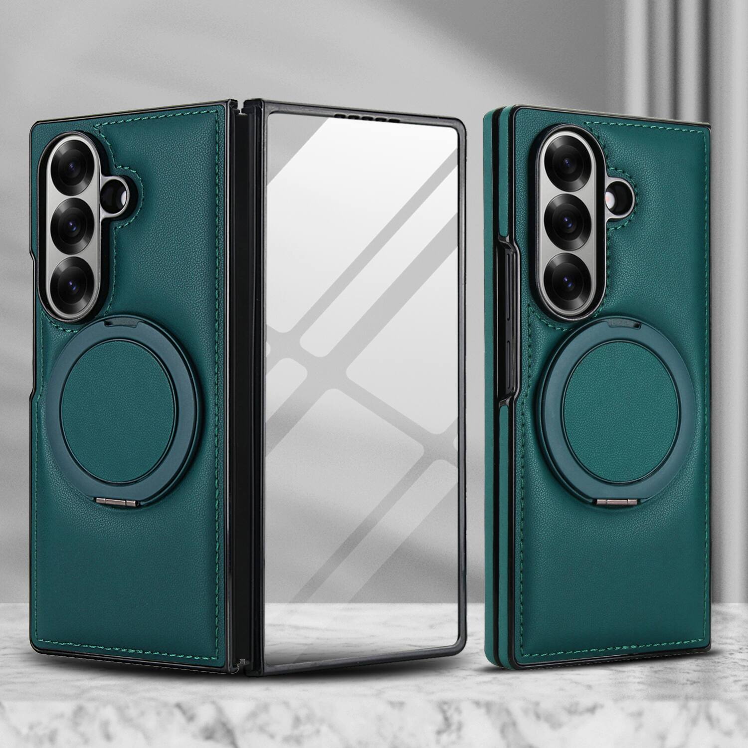 Alt View 5. Dteck - Magnetic Case for Samsung Galaxy Z Fold7 with Ring Kickstand,Built-in Screen Protector,Faux Leather Shockproof Cover - Green.