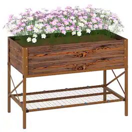 Outsunny - Raised Garden Bed with Galvanized Steel Frame, Storage Shelf and Bed Liner, Elevated Planter Box with Legs - Brown