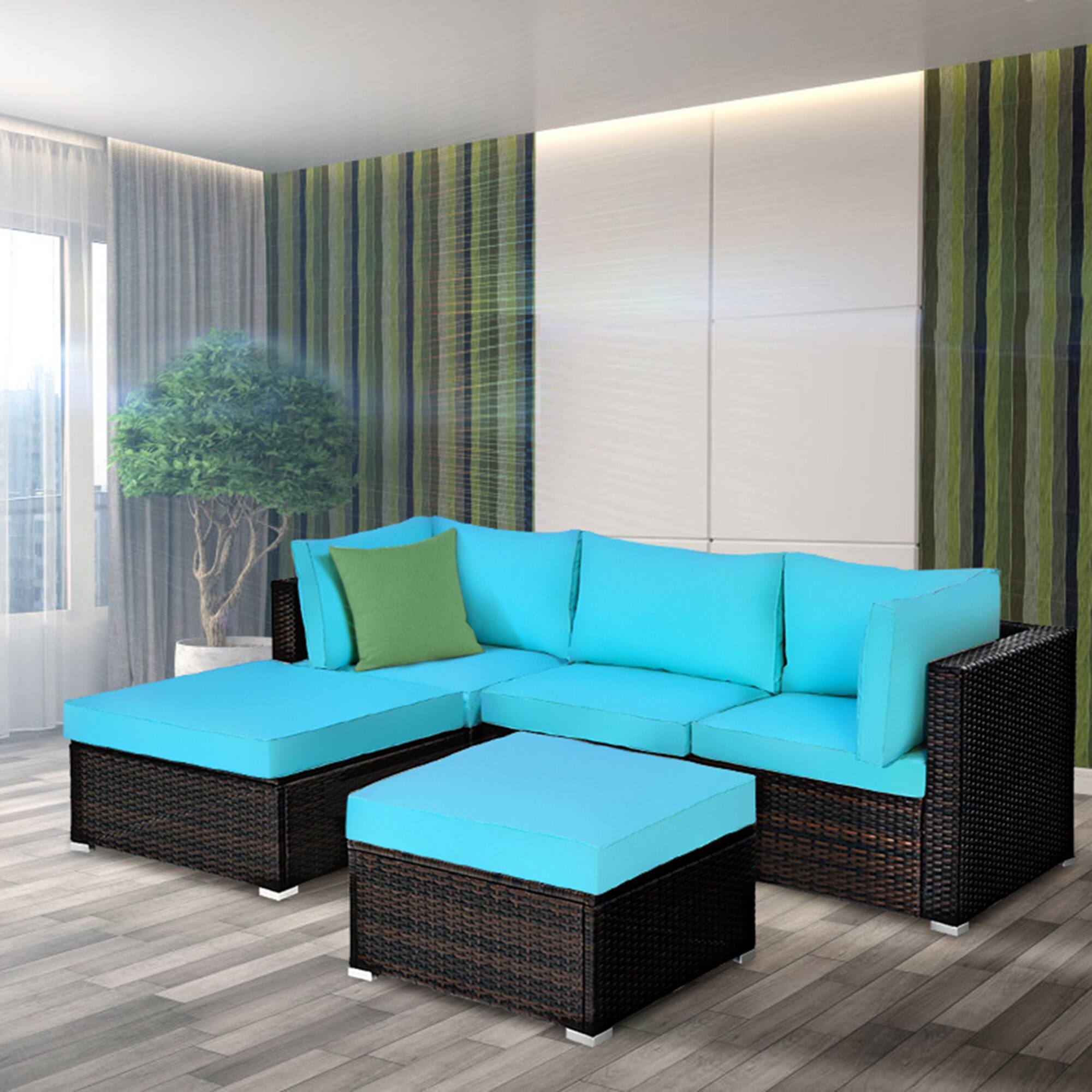 Alt View 3. Gymax - Gymax 5PCS Cushioned Rattan Patio Conversation Set Outdoor Furniture Set w/ Ottoman - Turquoise.