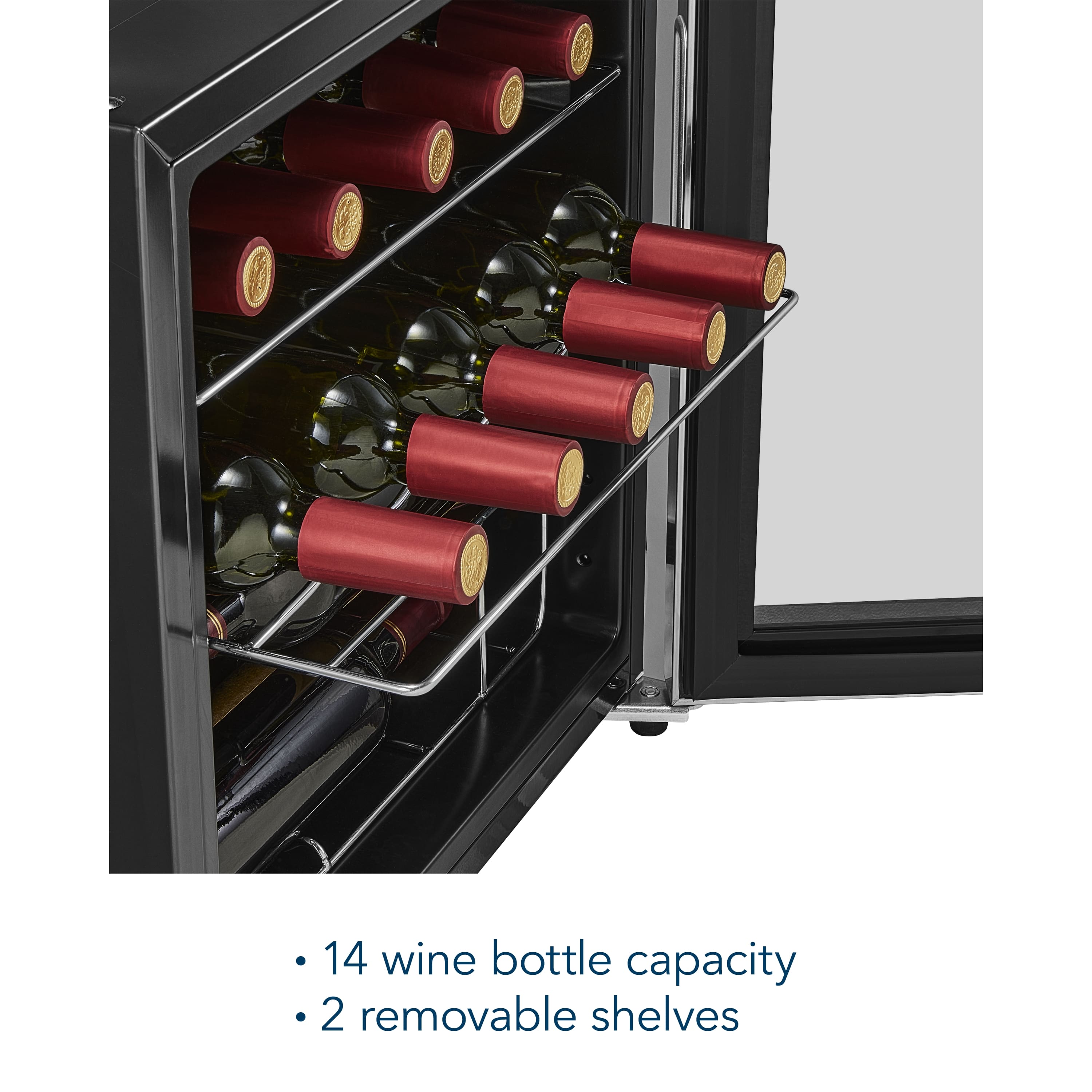 The text on the image reads: "14 wine bottle capacity 2 removable shelves."