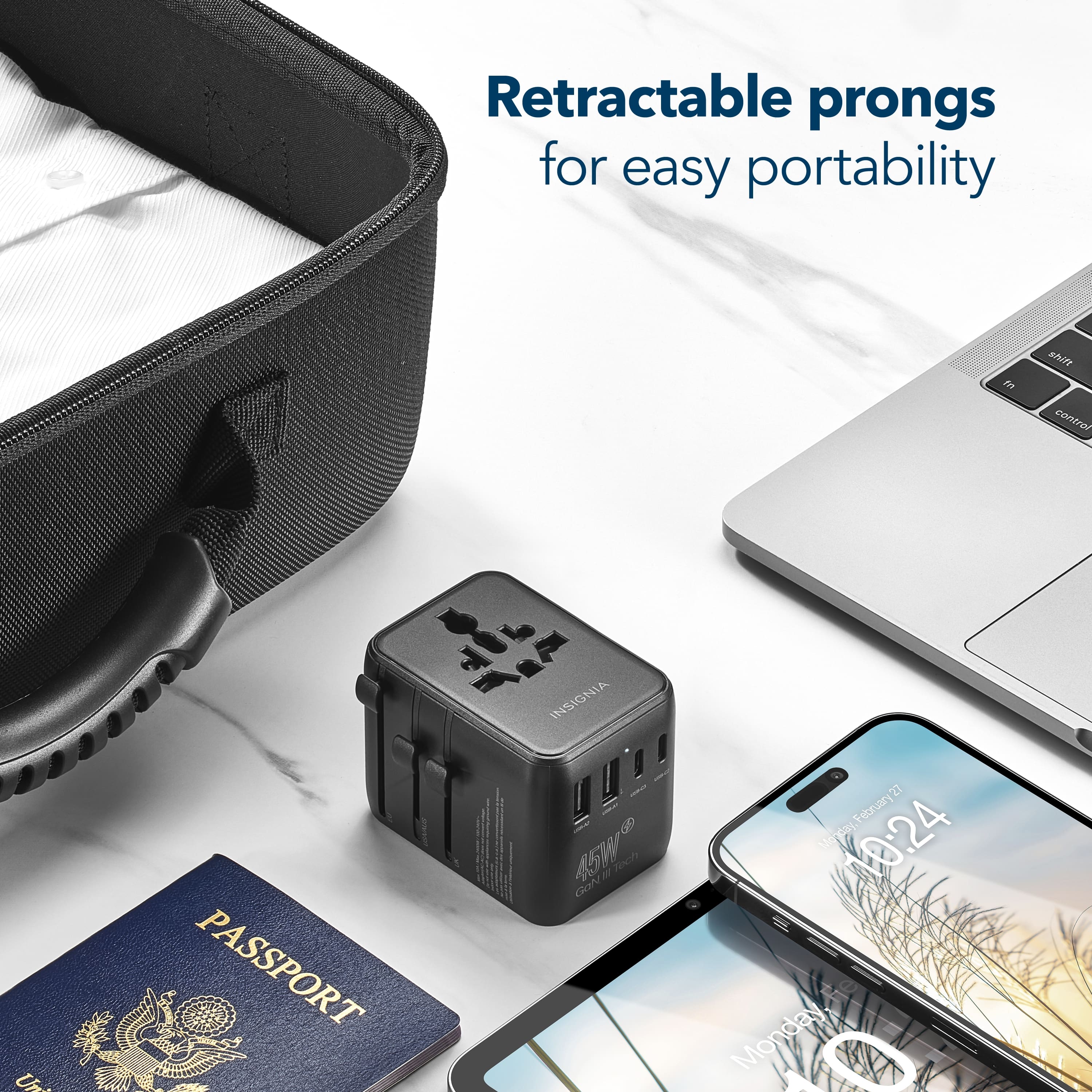 Retractable prongs for easy portability, INSIGNIA, 45W, GoN 27, PASSPORT, Monday, 10:24.