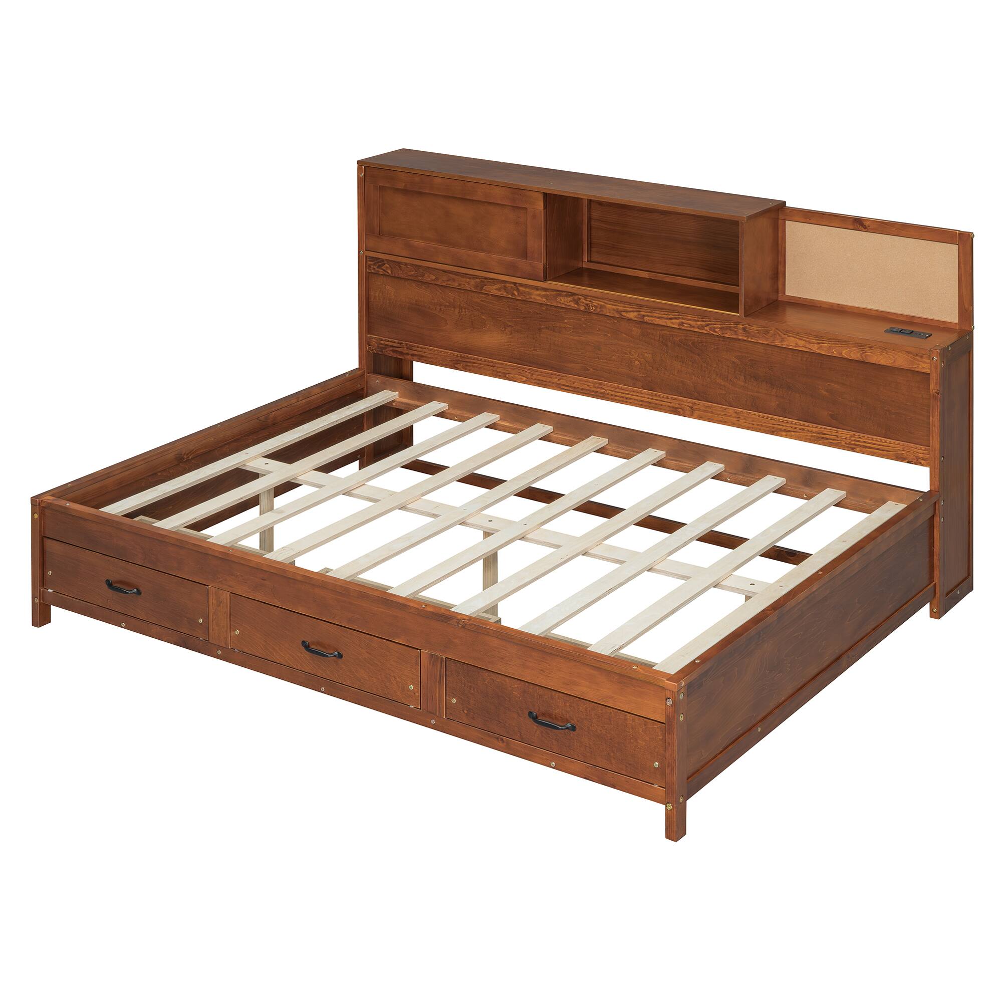 Alt View 1. Tiramisubest - Full Size Wooden Daybed with 3 Storage Drawers, Upper Soft Board, shelf, and a set of Sockets and USB Ports, Walnut - Walnut.