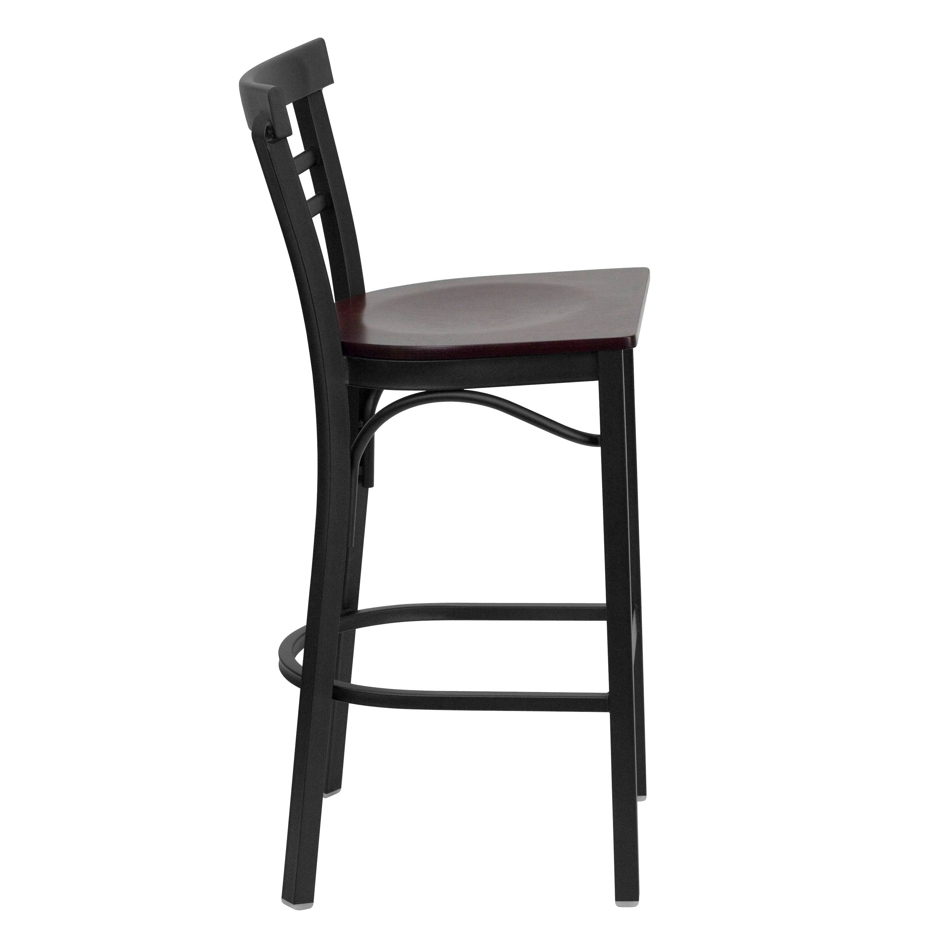 Alt View 4. Emma + Oliver - Two-Slat Ladder Back Metal Restaurant Dining Barstool - Mahogany Wood Seat/Black Metal Frame.