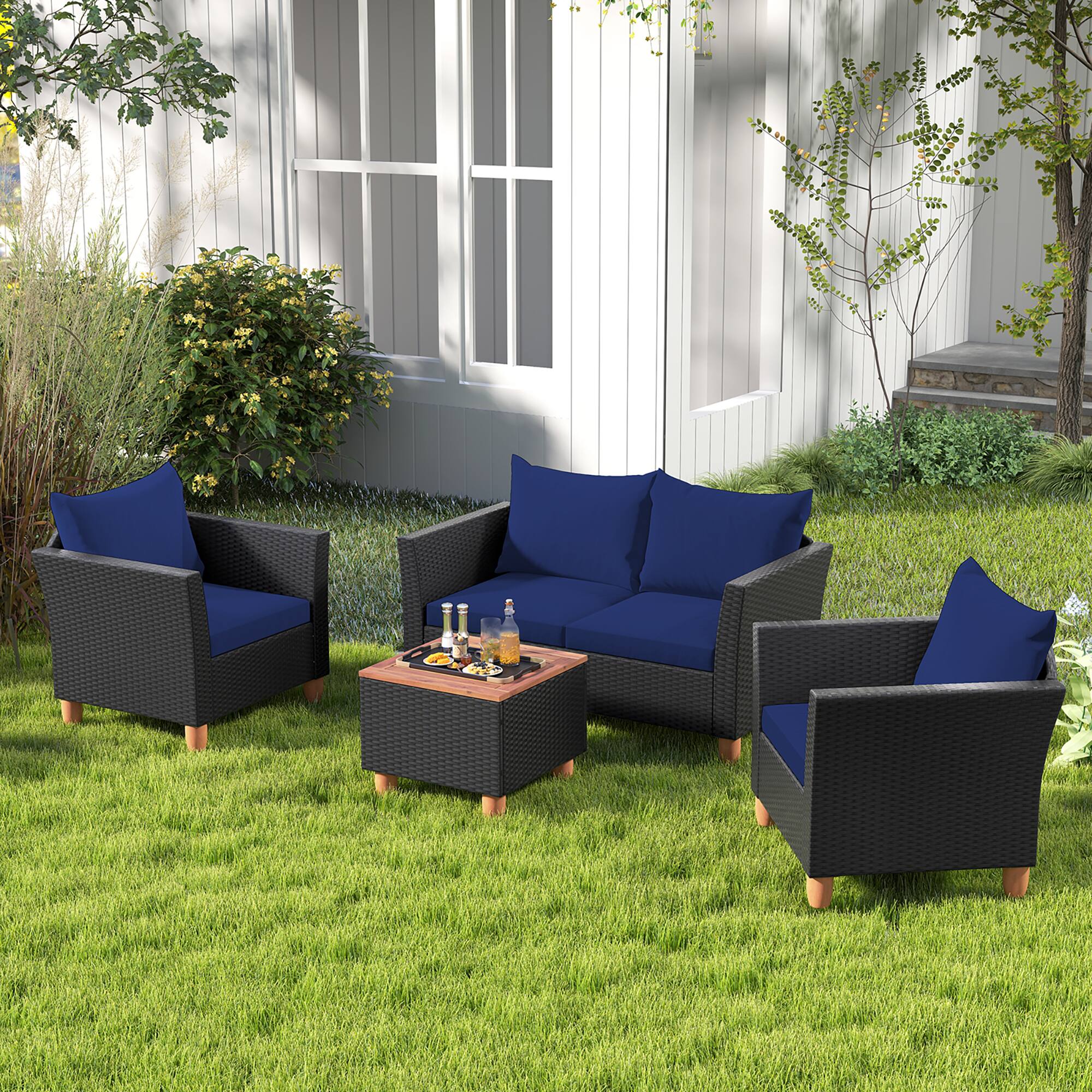Gymax - 4 PCS Wicker Patio Furniture Set w/ Removable Cushions Storage Coffee Table - Navy price history on PriceWatchPro