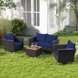 Gymax - 4 PCS Wicker Patio Furniture Set w/ Removable Cushions Storage Coffee Table - Navy