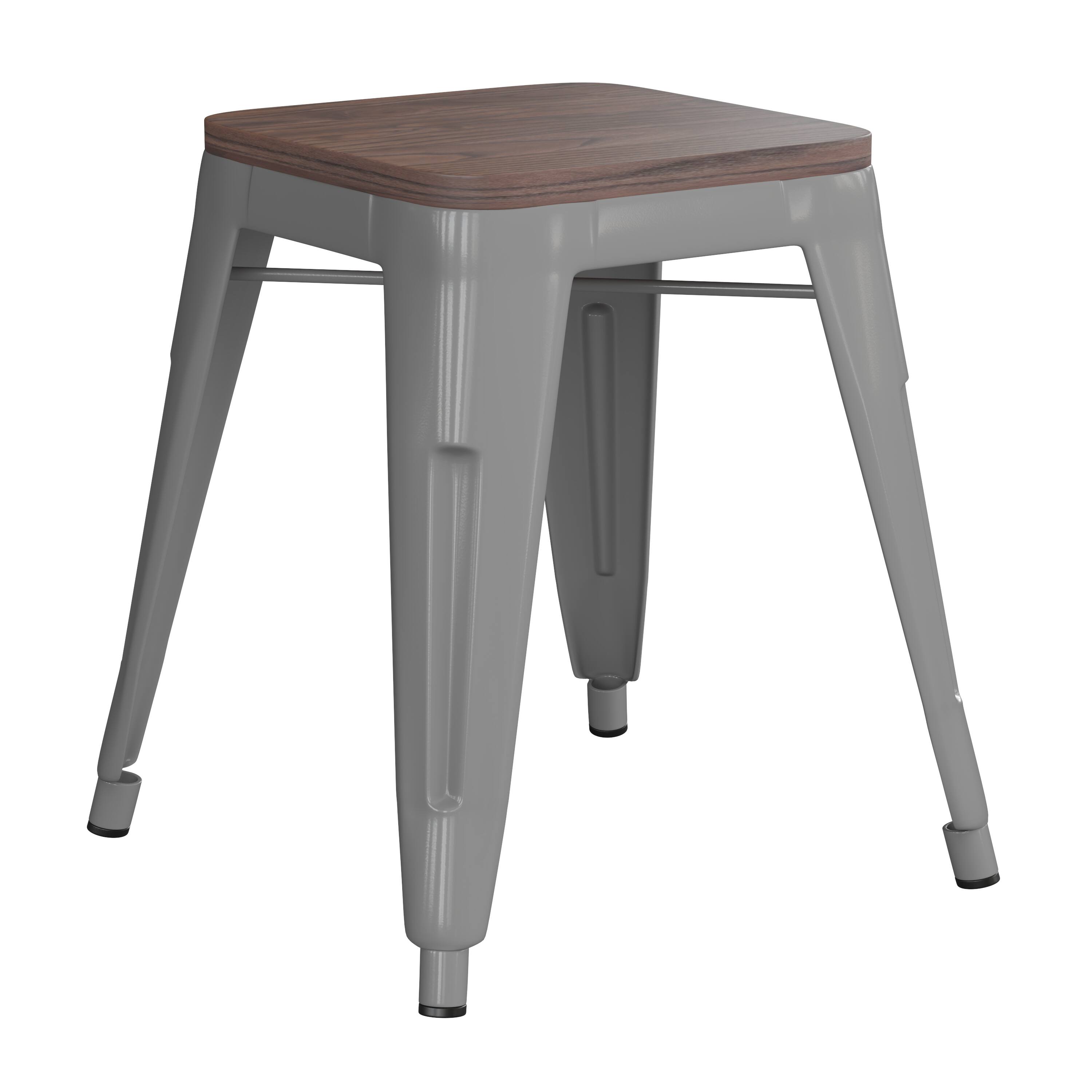 Alt View 9. Emma + Oliver - Set of Four Table Height Backless Stacking Welded Iron Stools with Wooden Seats and Under Seat Bracing for Indoor Use - Silver.