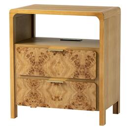 COZAYH - Farmhouse 2 Drawer Bed Nightstand w/ Charging Station, Burl Wood - Natural