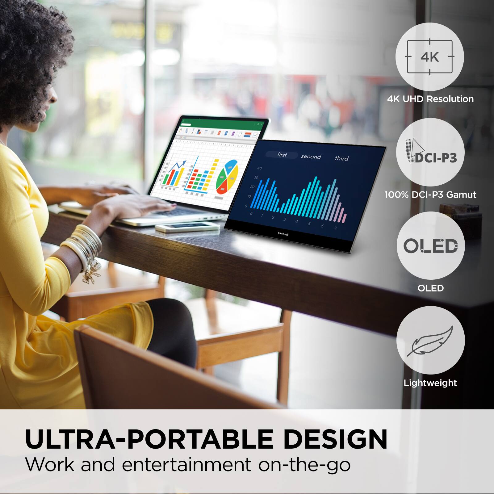 4K UHD Resolution  
100% DCI-P3 Gamut  
OLED  
Lightweight  

ULTRA-PORTABLE DESIGN  
Work and entertainment on-the-go