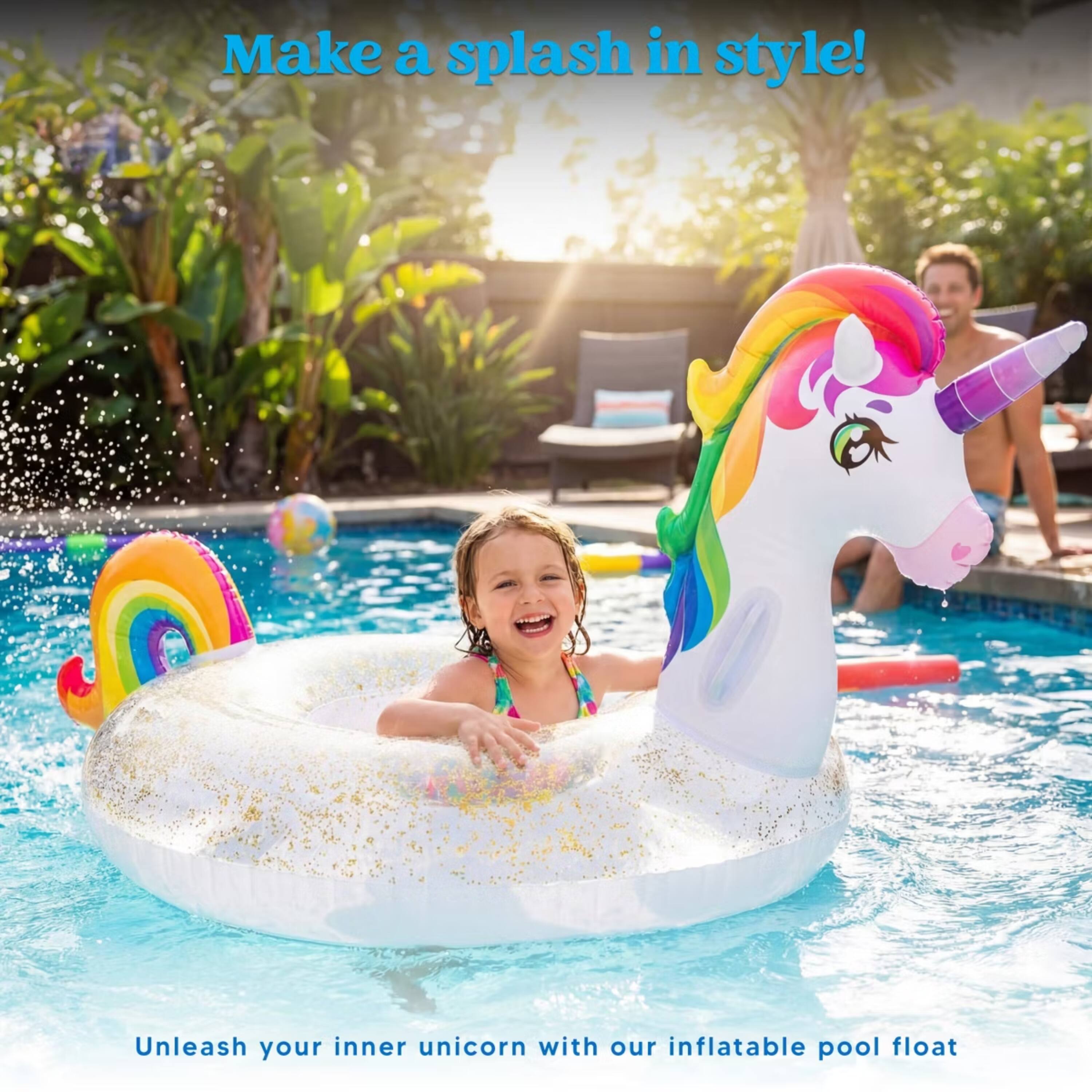 Make a splash in style!  
Unleash your inner unicorn with our inflatable pool float