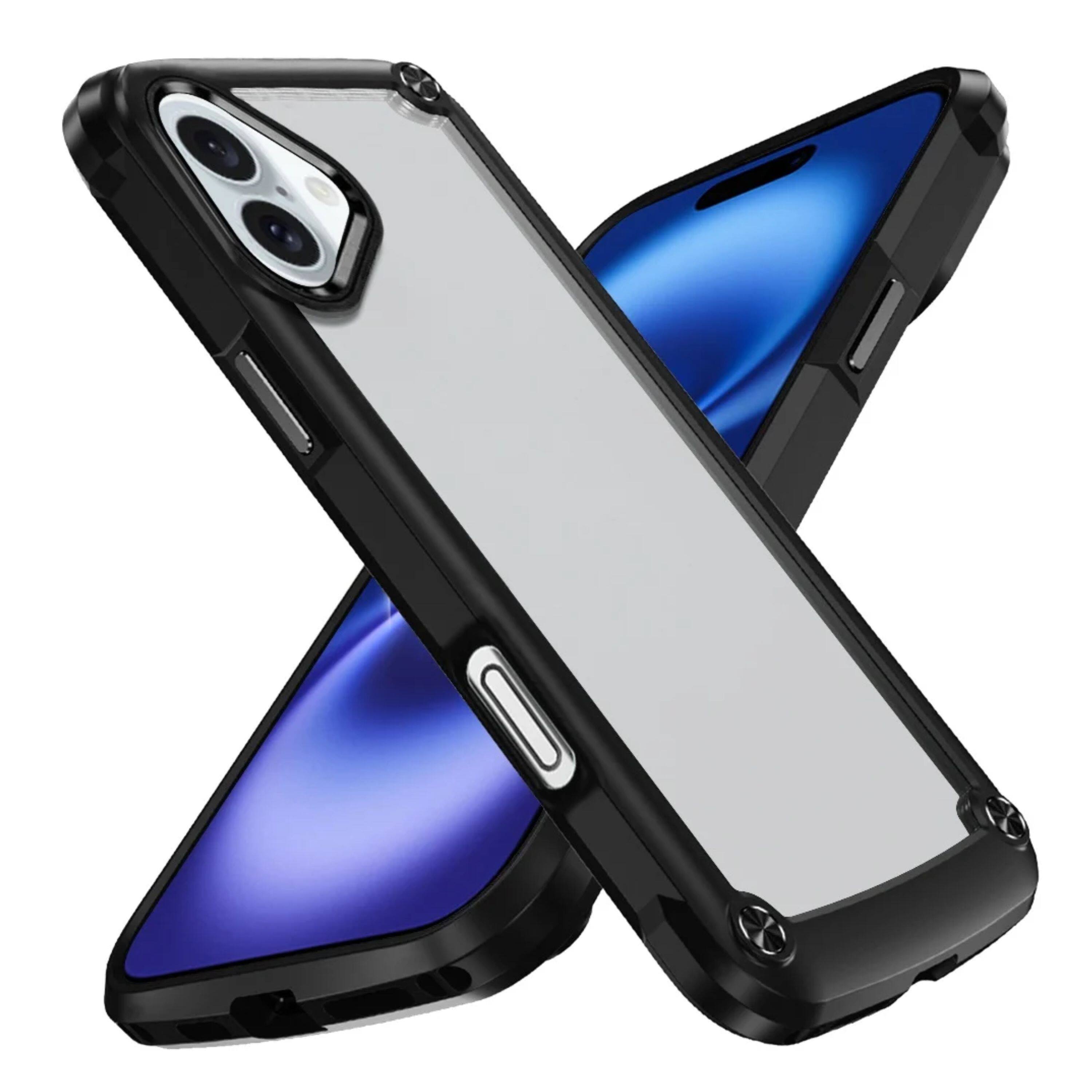 Angle. Kitcheniva - Raised Camera Lip Metal Buttons Phone Case With Tempered Glass For iPhone 17 Black - Black.