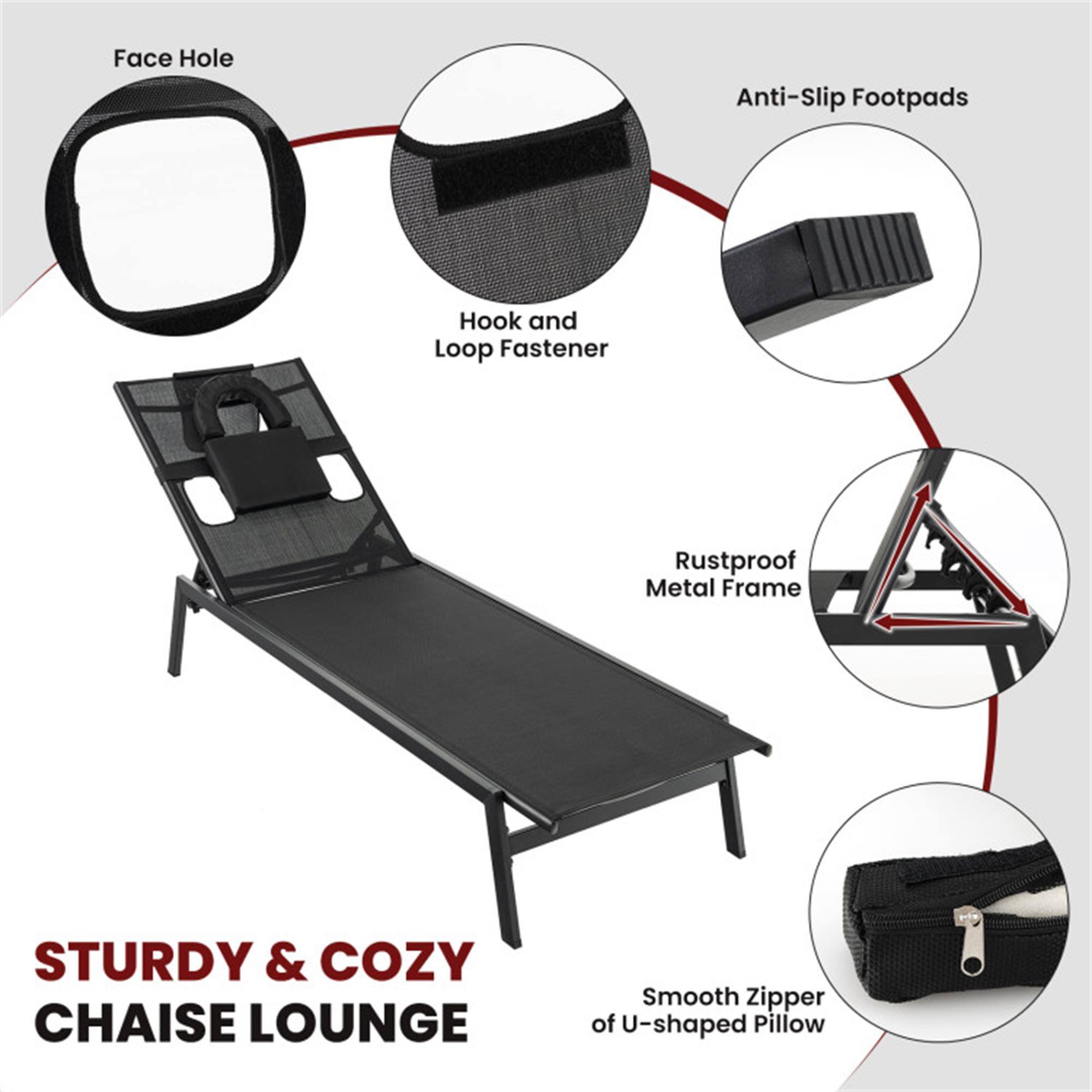 Face Hole  
Anti-Slip Footpads  
Hook and Loop Fastener  
Rustproof Metal Frame  
Smooth Zipper of U-shaped Pillow  

STURDY & COZY CHAISE LOUNGE