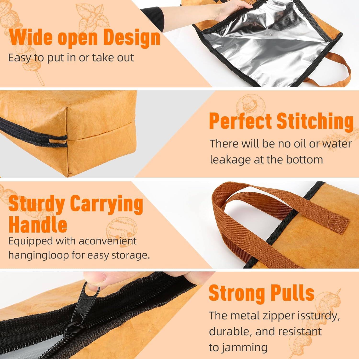 - Wide open Design
  - Easy to put in or take out

- Perfect Stitching
  - There will be no oil or water leakage at the bottom

- Sturdy Carrying Handle
  - Equipped with a convenient hanging loop for easy storage

- Strong Pulls
  - The metal zipper is sturdy, durable, and resistant to jamming