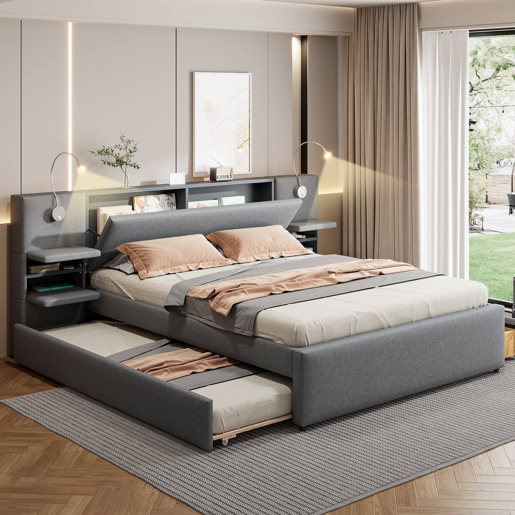 Alt View 3. Boyel Living - Queen Size Upholstered Platform Bed with Reading Lights, Drawers, Trundle, and Storage Shelves – Gray - Grey.