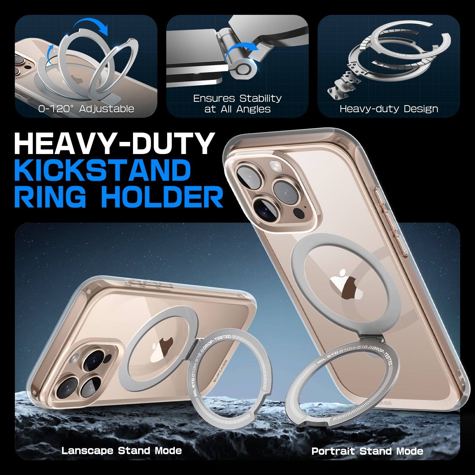 0-120° Adjustable Ensures Stability at All Angles Heavy-duty Design HEAVY-DUTY KICKSTAND RING HOLDER TESTED BTO0TON-5T STO0Y BURCARE MEL D1 STR SATL a TESTED Landscape Stand Mode Portrait Stand Mode