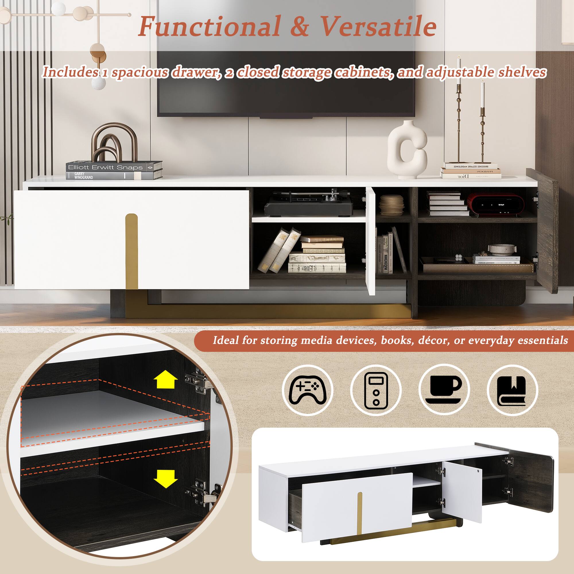 Functional & Versatile

Includes 1 spacious drawer, 2 closed storage cabinets, and adjustable shelves

Ideal for storing media devices, books, décor, or everyday essentials