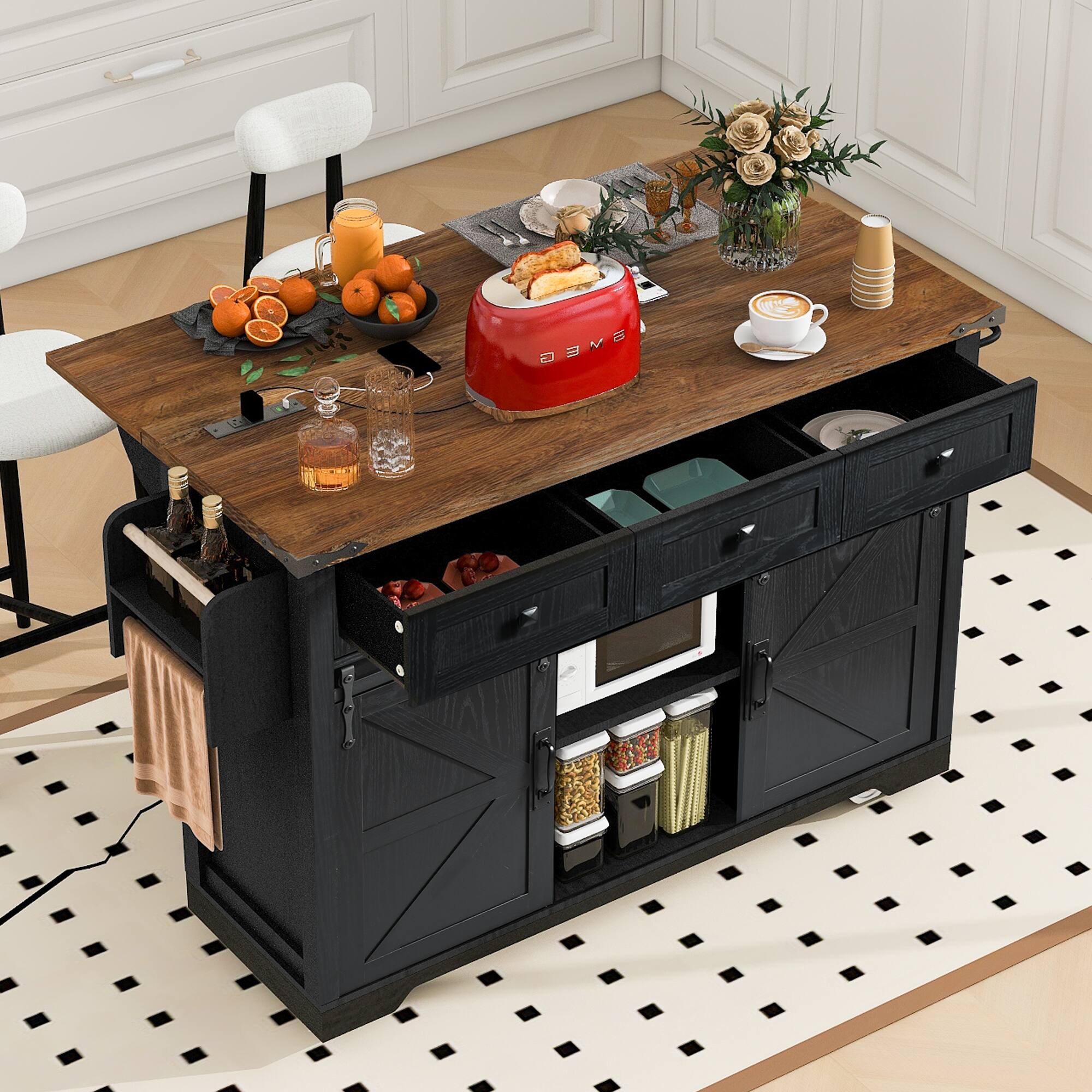Alt View 4. Ecooso - Rolling Kitchen Island with Drop Leaf, Power Outlets, Storage Drawers & Shelves - Black.