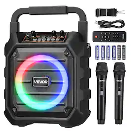 VEVOR - Karaoke Machine for Adults, 20W, 6.5-inch Portable Bluetooth Speaker with 2 Wireless Microphones - Black