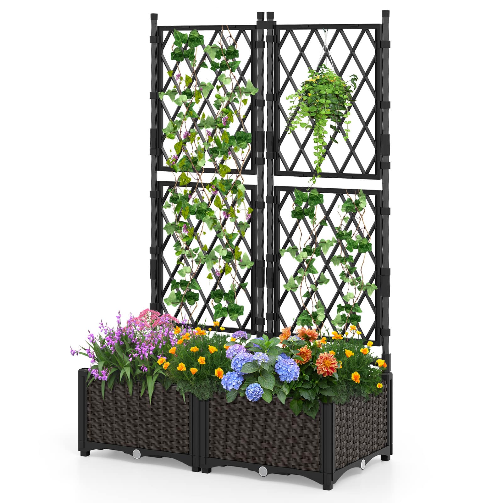 Gymax - Raised Garden Bed w/Trellis Drain Holes for Climbing Vines Flowers Vegetables - Black