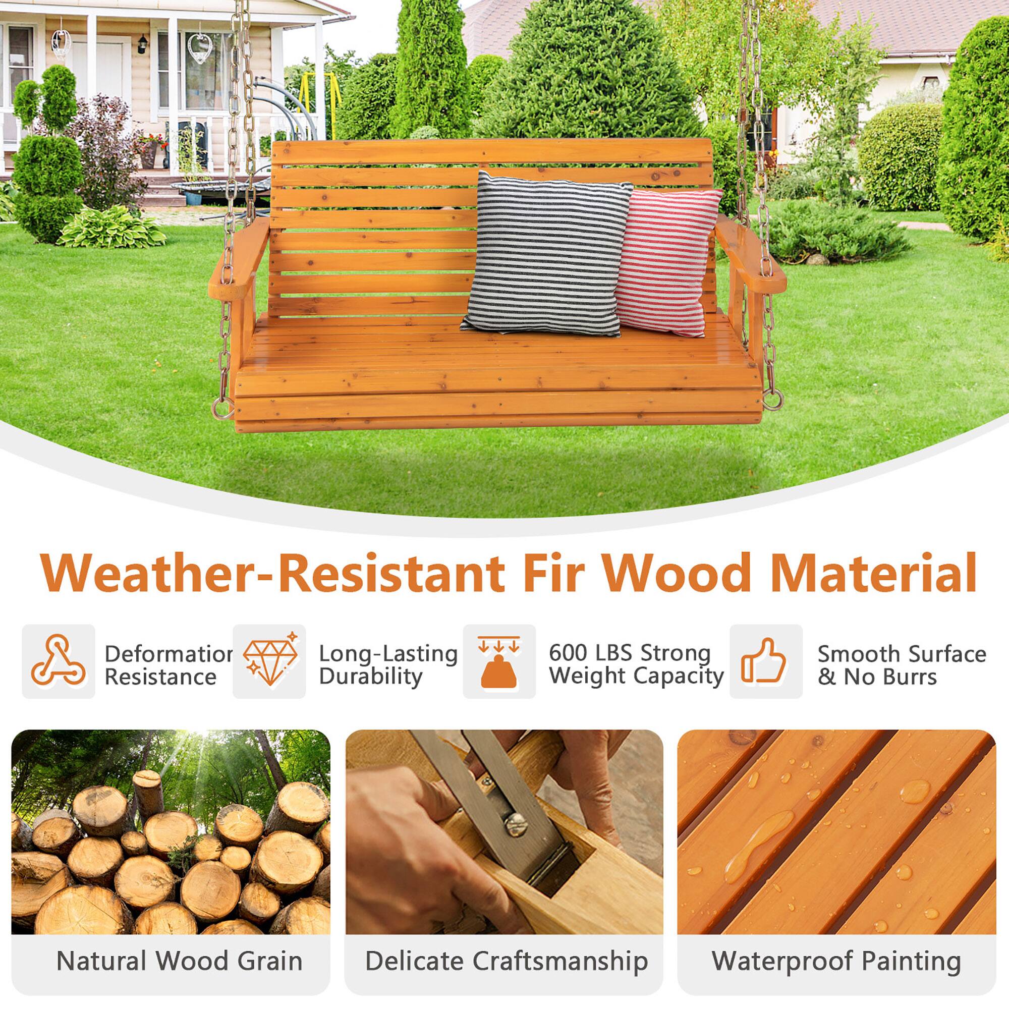 Alt View 5. Gymax - Gymax 2-Person Porch Swing Chair Wooden Garden Swing Bench w/ Adjustable Chains Orange - Orange.