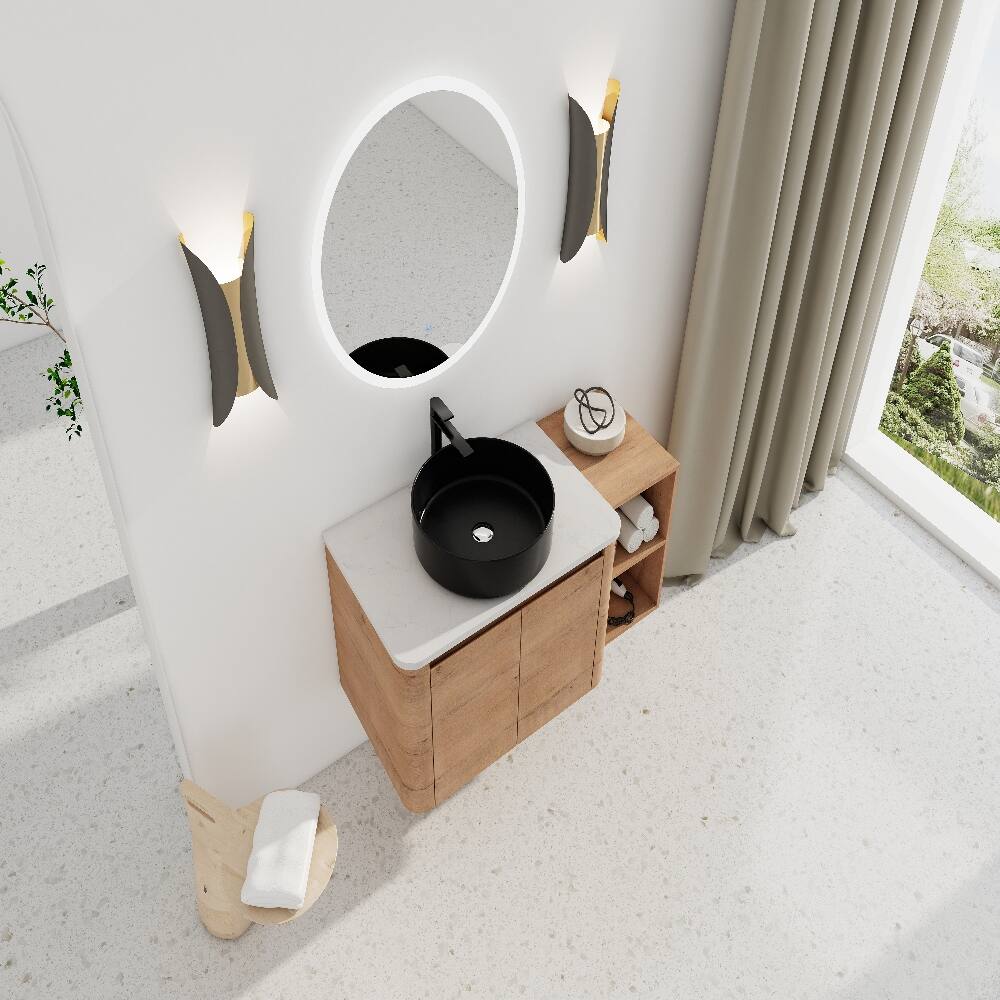 Alt View 2. Loheer - Loheer 42 inch wall mounted bathroom vanity with ceramic art vessel sink, imitative oak floating vanity - Imitative Oak.