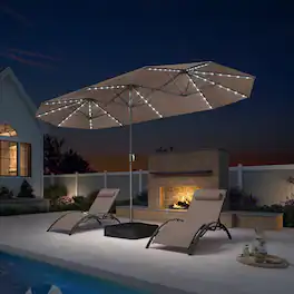 PURPLE LEAF - 13 ft. Patio Market Umbrella with Solar LED and Base Double-Sided Outdoor Table Sun Umbrellas for Pool Deck Backyard - Taupe
